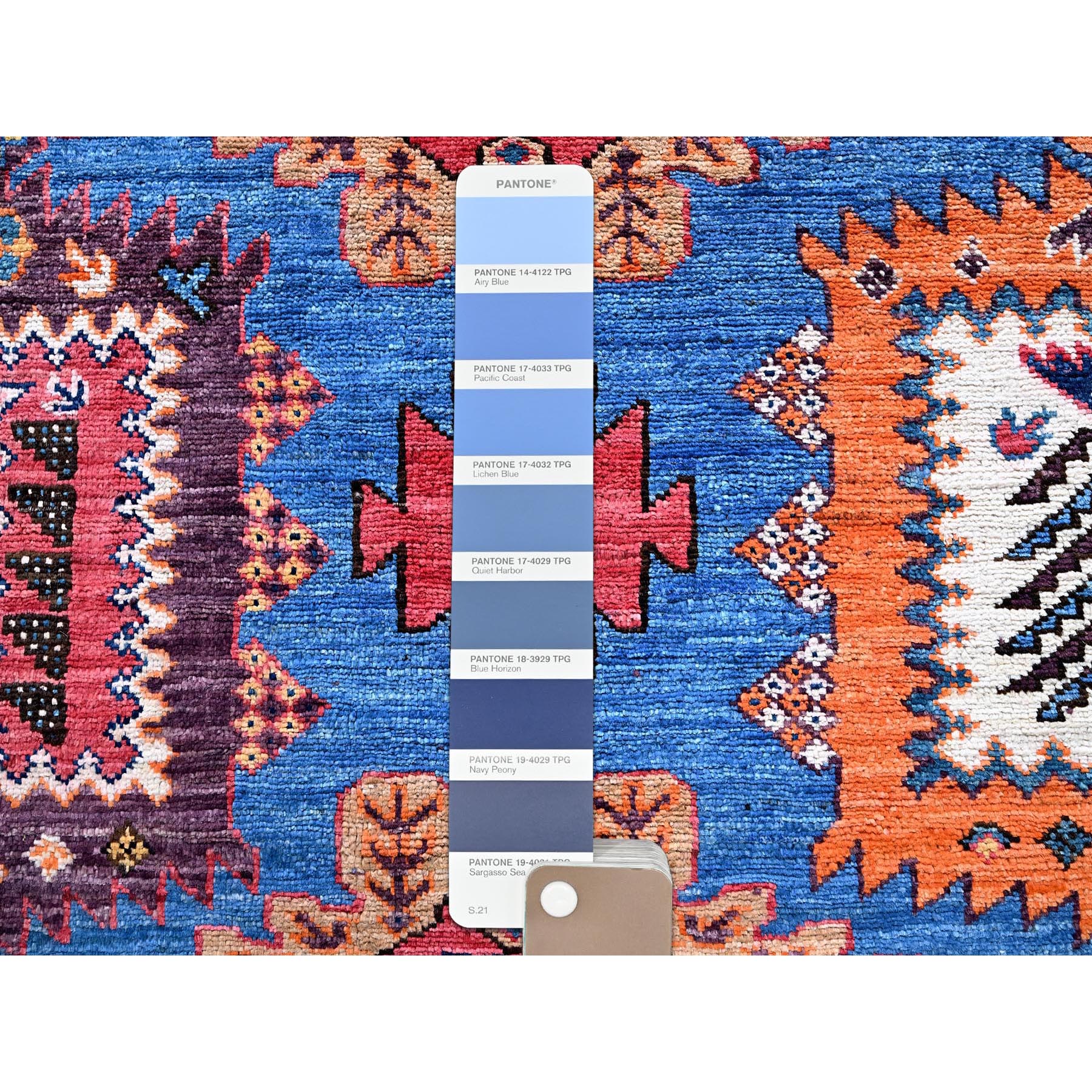 8'3"x9'6" Bayern Blue, Afghan Ersari with Turkish Knot, Caucasian Design Revival, Vegetable Dyes, Densely Woven, Hand Knotted, 100% Wool, Oriental Rug HR567 - Image 8