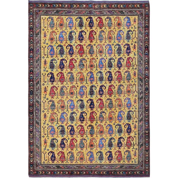 6'1"x8'10" Macaroon Yellow, Afghan Ersari with Turkish Knot, Caucasian Design Revival, Small Human Figurines, Vegetable Dyes, Hand Knotted, Soft Wool, Oriental Rug HR574
