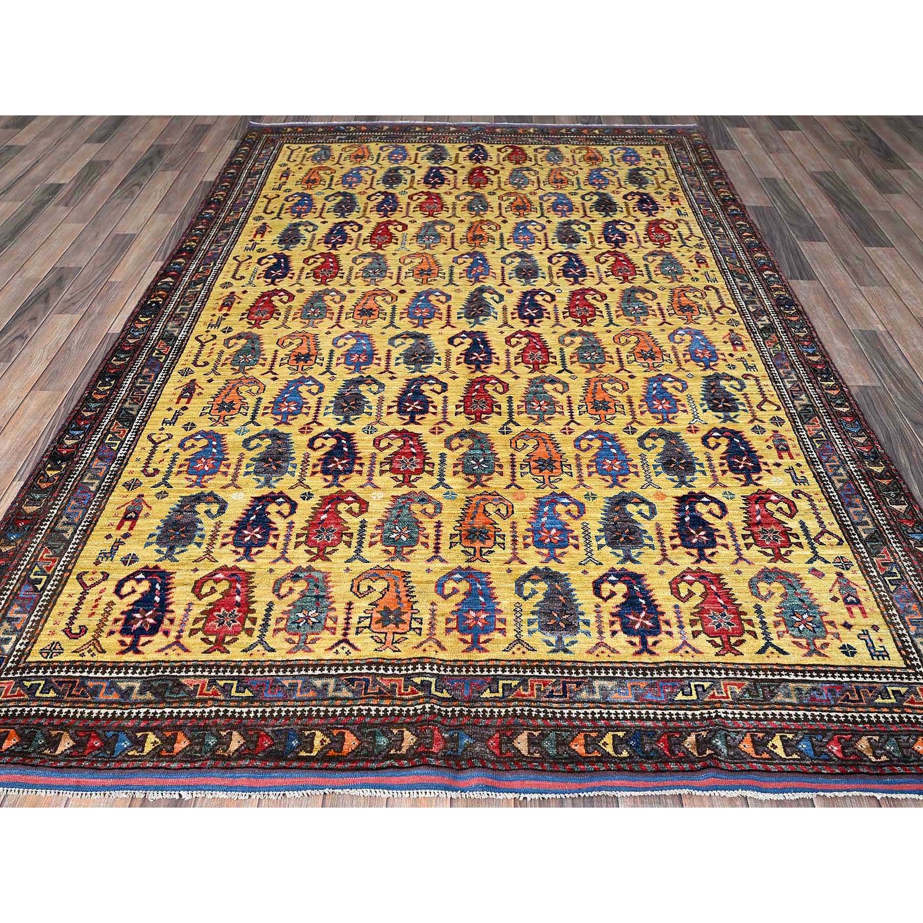 6'1"x8'10" Macaroon Yellow, Afghan Ersari with Turkish Knot, Caucasian Design Revival, Small Human Figurines, Vegetable Dyes, Hand Knotted, Soft Wool, Oriental Rug HR574 - Image 3
