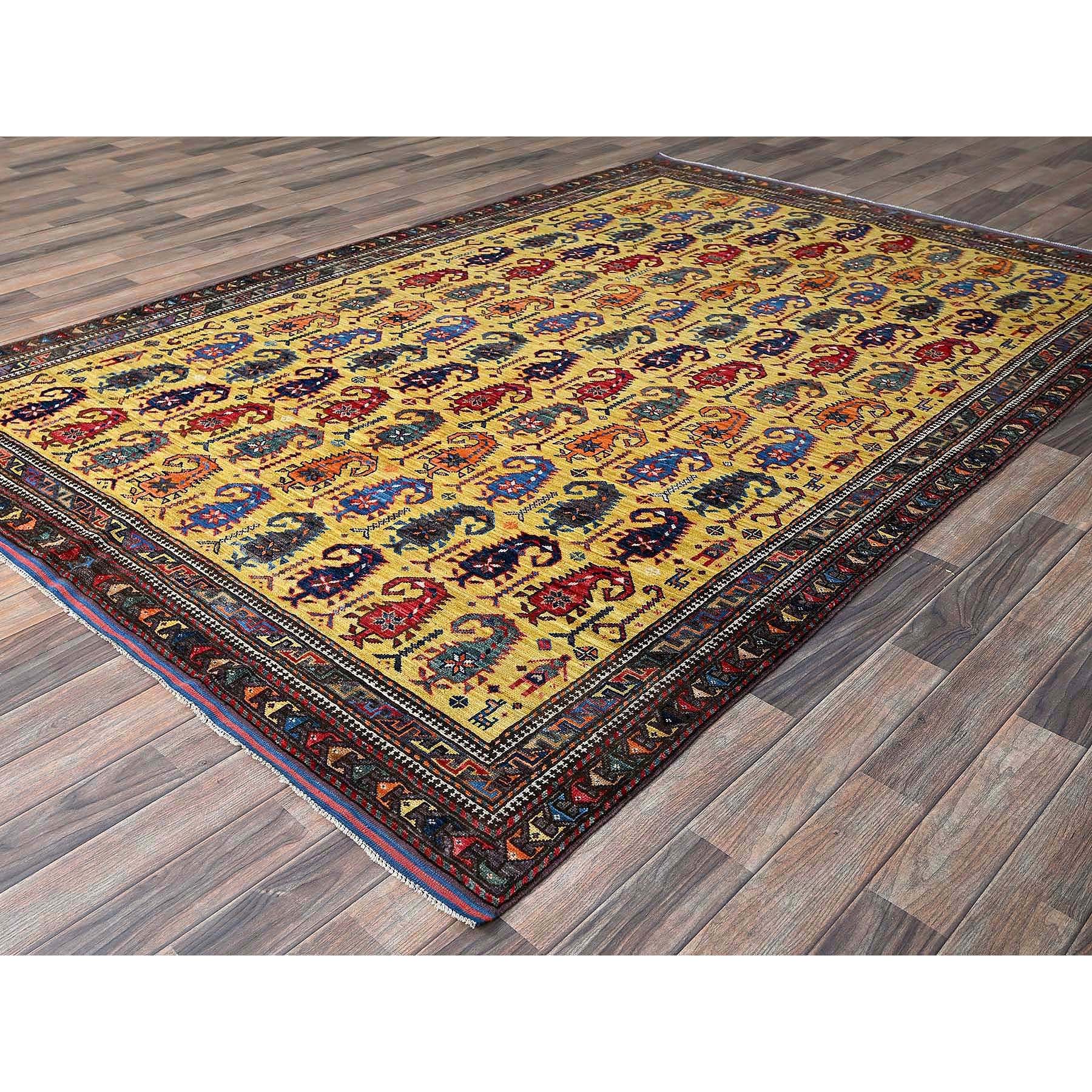 6'1"x8'10" Macaroon Yellow, Afghan Ersari with Turkish Knot, Caucasian Design Revival, Small Human Figurines, Vegetable Dyes, Hand Knotted, Soft Wool, Oriental Rug HR574 - Image 4