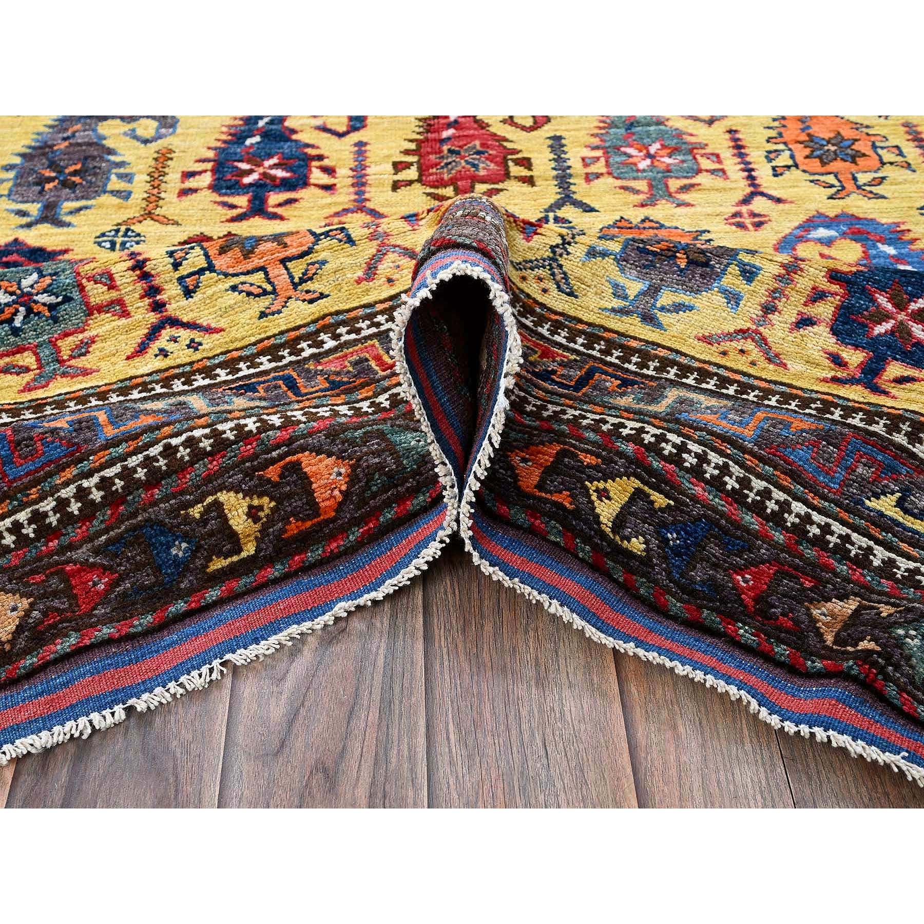 6'1"x8'10" Macaroon Yellow, Afghan Ersari with Turkish Knot, Caucasian Design Revival, Small Human Figurines, Vegetable Dyes, Hand Knotted, Soft Wool, Oriental Rug HR574 - Image 6