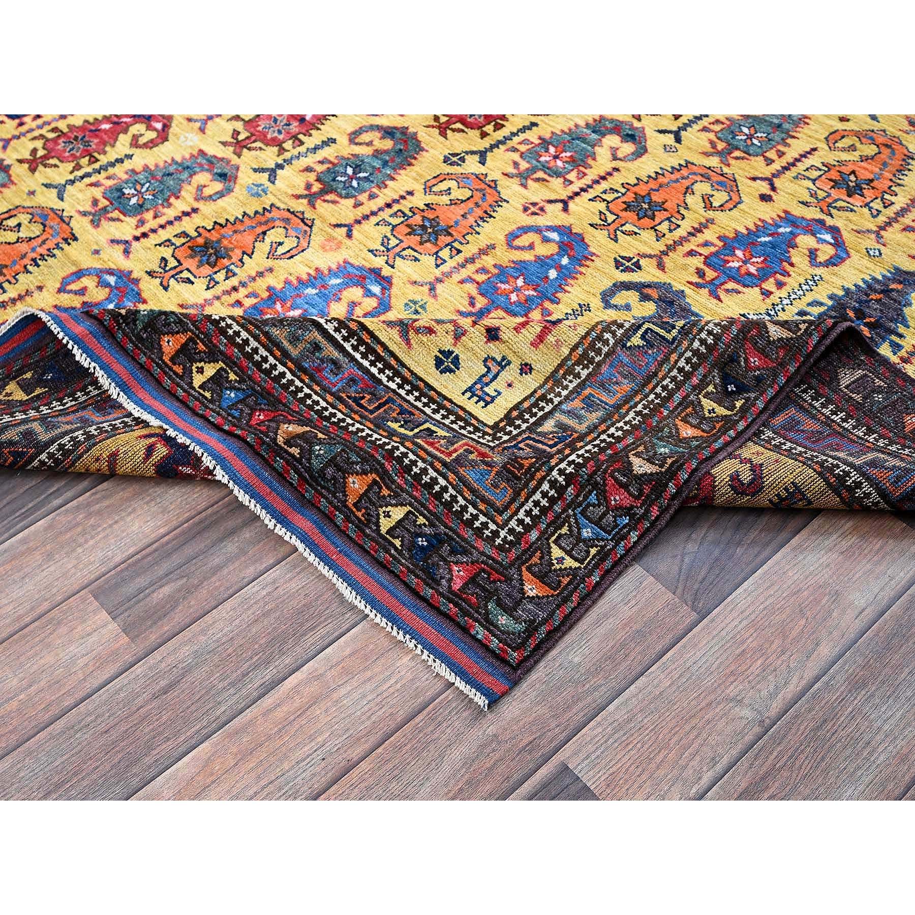 6'1"x8'10" Macaroon Yellow, Afghan Ersari with Turkish Knot, Caucasian Design Revival, Small Human Figurines, Vegetable Dyes, Hand Knotted, Soft Wool, Oriental Rug HR574 - Image 7