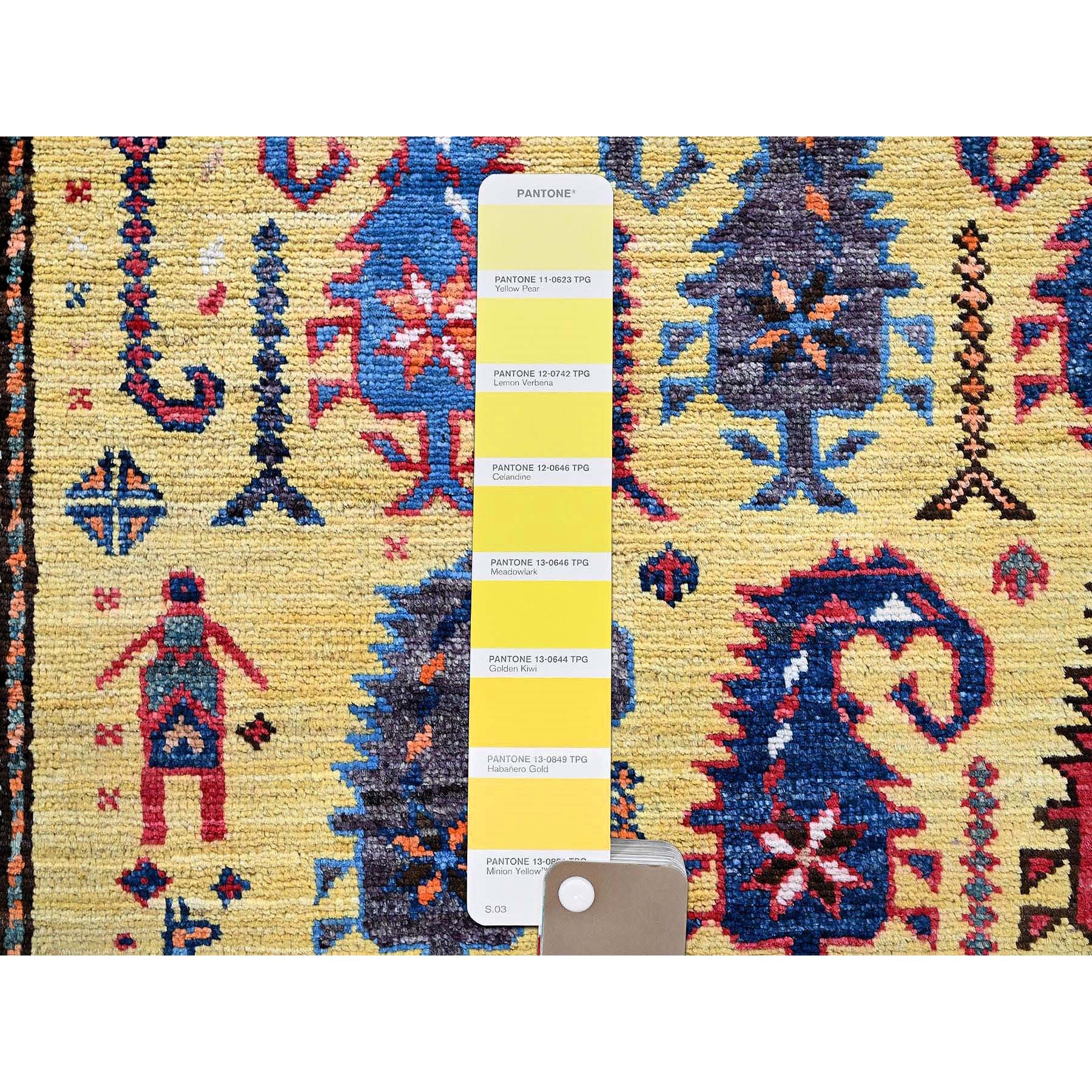 6'1"x8'10" Macaroon Yellow, Afghan Ersari with Turkish Knot, Caucasian Design Revival, Small Human Figurines, Vegetable Dyes, Hand Knotted, Soft Wool, Oriental Rug HR574 - Image 8