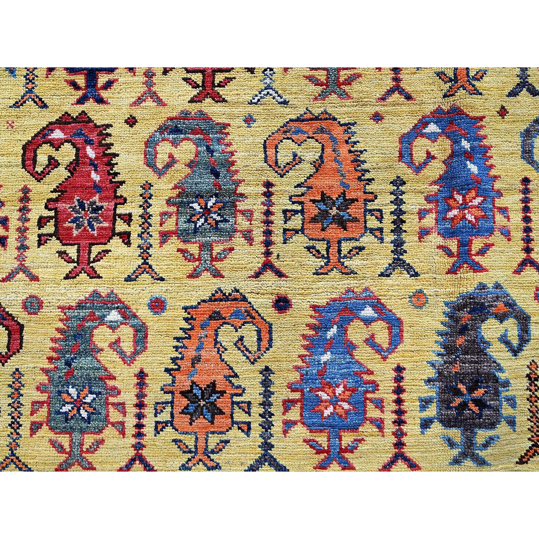 6'1"x8'10" Macaroon Yellow, Afghan Ersari with Turkish Knot, Caucasian Design Revival, Small Human Figurines, Vegetable Dyes, Hand Knotted, Soft Wool, Oriental Rug HR574 - Image 9