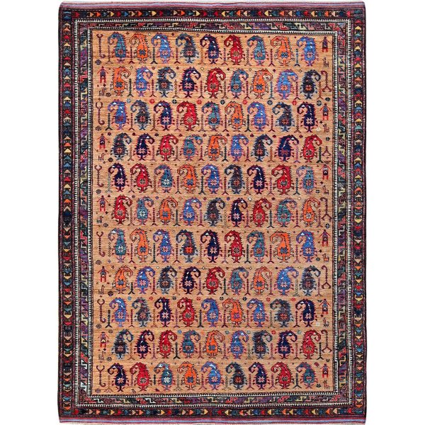 6'3"x8'4" Porcini Brown, Afghan Ersari with Turkish Knot, Caucasian Design Revival, Small Human Figurines, Densely Woven, Vegetable Dyes, Hand Knotted, Soft Wool, Oriental Rug HR586