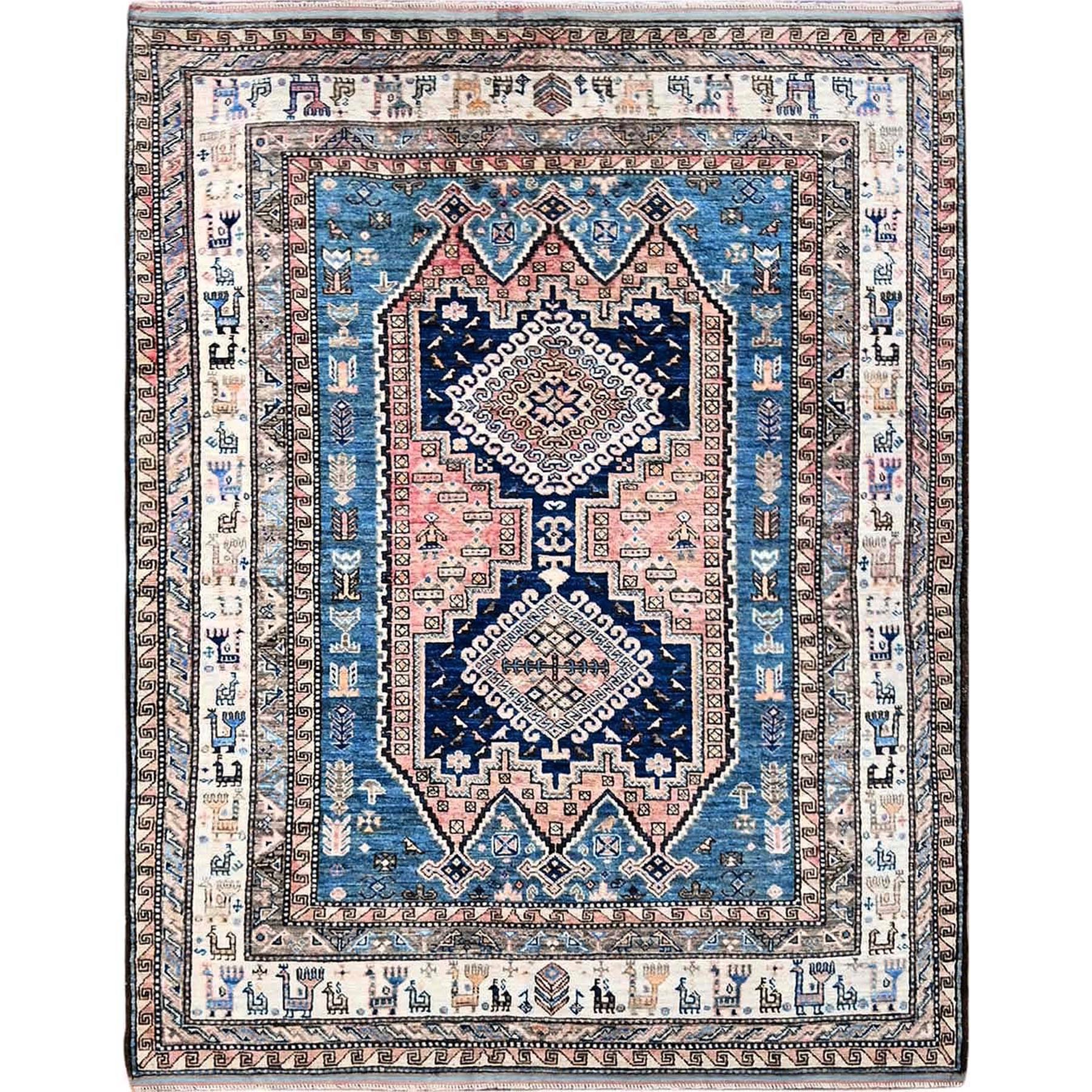5'x6'3" Crepe Pink, Afghan Ersari with Turkish Knot, Caucasian Design Revival, Ancient Bird Figurines, Vegetable Dyes, Densely Woven, Hand Knotted, Soft Wool, Oriental Rug HR597