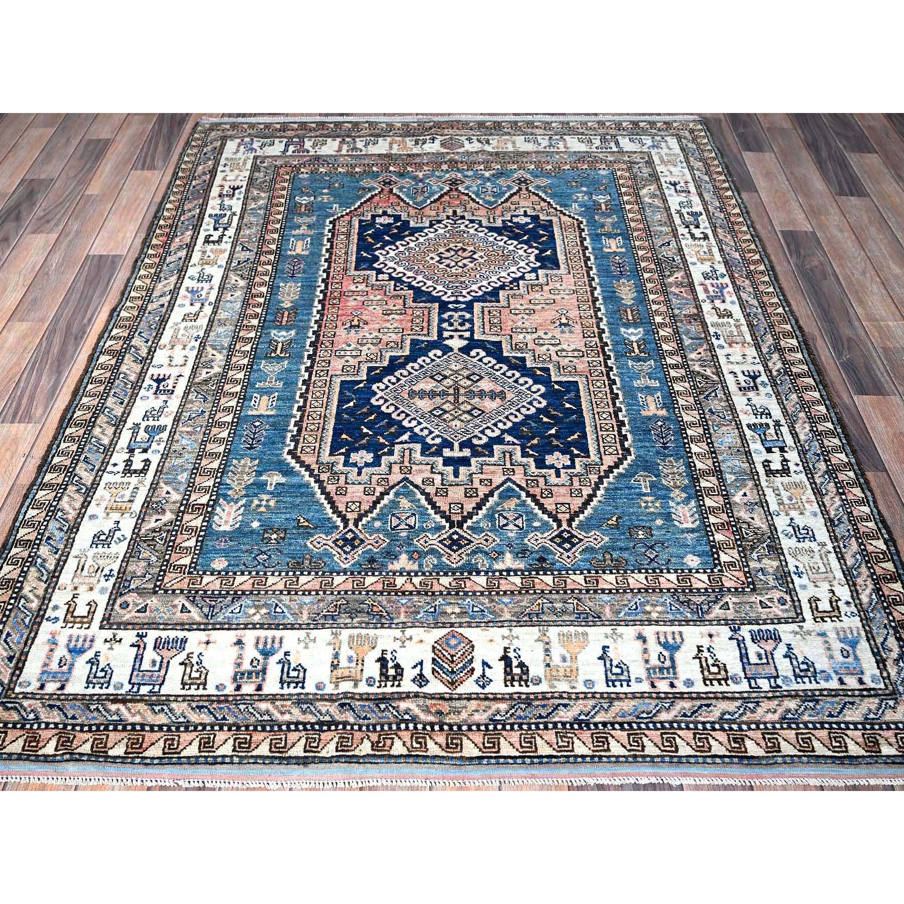 5'x6'3" Crepe Pink, Afghan Ersari with Turkish Knot, Caucasian Design Revival, Ancient Bird Figurines, Vegetable Dyes, Densely Woven, Hand Knotted, Soft Wool, Oriental Rug HR597 - Image 2