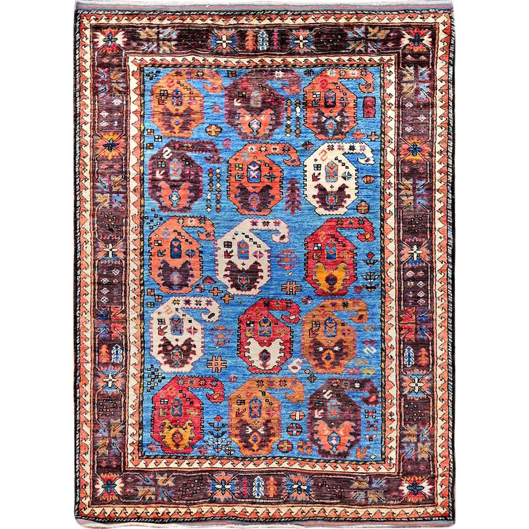 4'5"x5'10" Bayern Blue, Afghan Ersari with Turkish Knot, Caucasian Design Revival, Vegetable Dyes, Densely Woven, Hand Knotted, Soft 100% Wool, Oriental Rug HR605