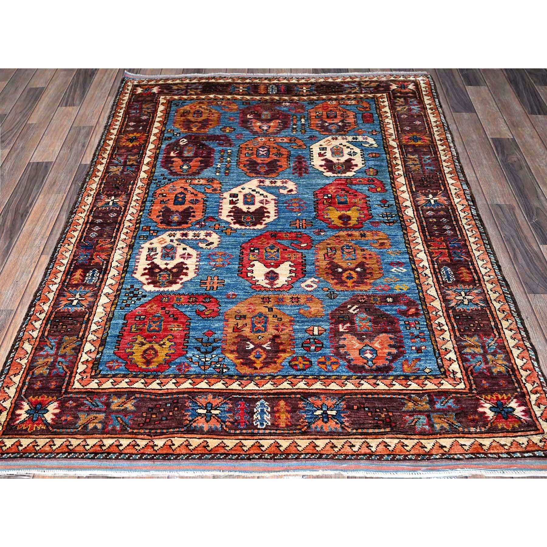 4'5"x5'10" Bayern Blue, Afghan Ersari with Turkish Knot, Caucasian Design Revival, Vegetable Dyes, Densely Woven, Hand Knotted, Soft 100% Wool, Oriental Rug HR605 - Image 2
