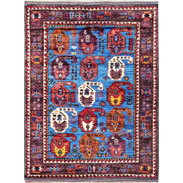 4'3"x5'8" Carolina Blue, Afghan Ersari with Turkish Knot, Caucasian Design Revival, Vegetable Dyes, Densely Woven, Hand Knotted, Soft and Velvety Wool, Oriental Rug HR613