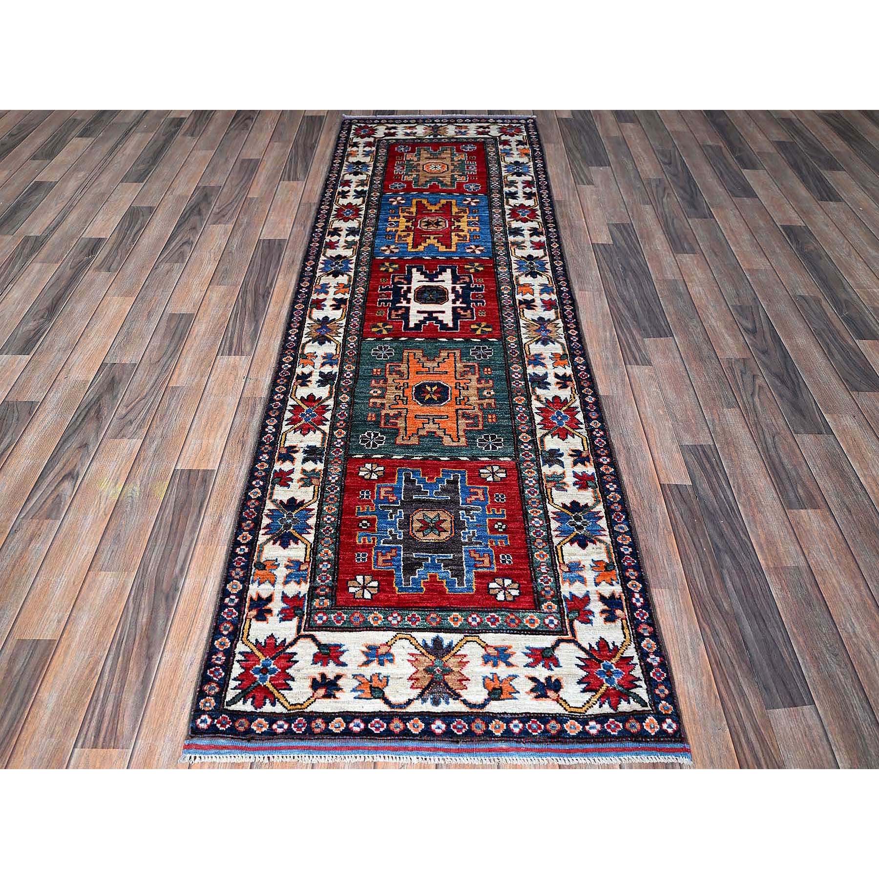 2'8"x8'2" Crimson Red, Colorful Afghan Ersari with Turkish Knot, Caucasian Design Revival, Vegetable Dyes, Densely Woven, Hand Knotted, Soft Wool, Runner, Oriental Rug HR614 - Image 2