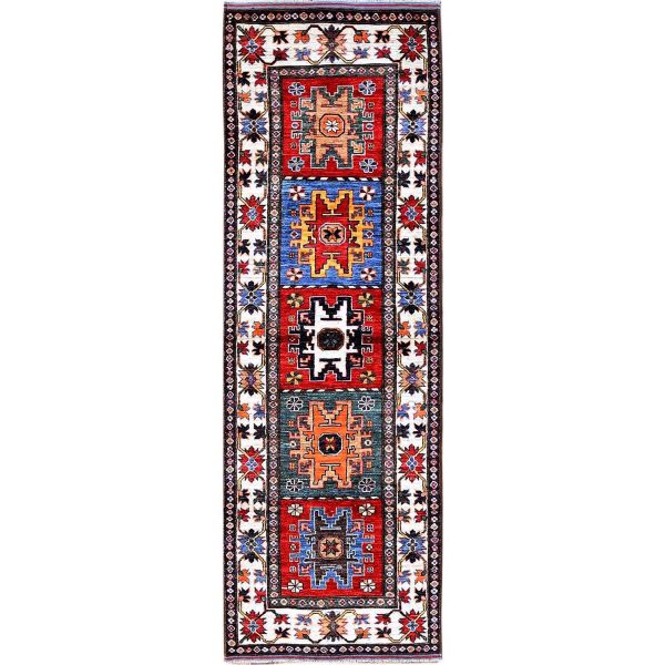 2'8"x8'3" Berry Red, Hand Knotted, Colorful Afghan Ersari with Turkish Knot, Caucasian Design Revival, Vegetable Dyes, Densely Woven, Soft Wool, Runner, Oriental Rug HR616