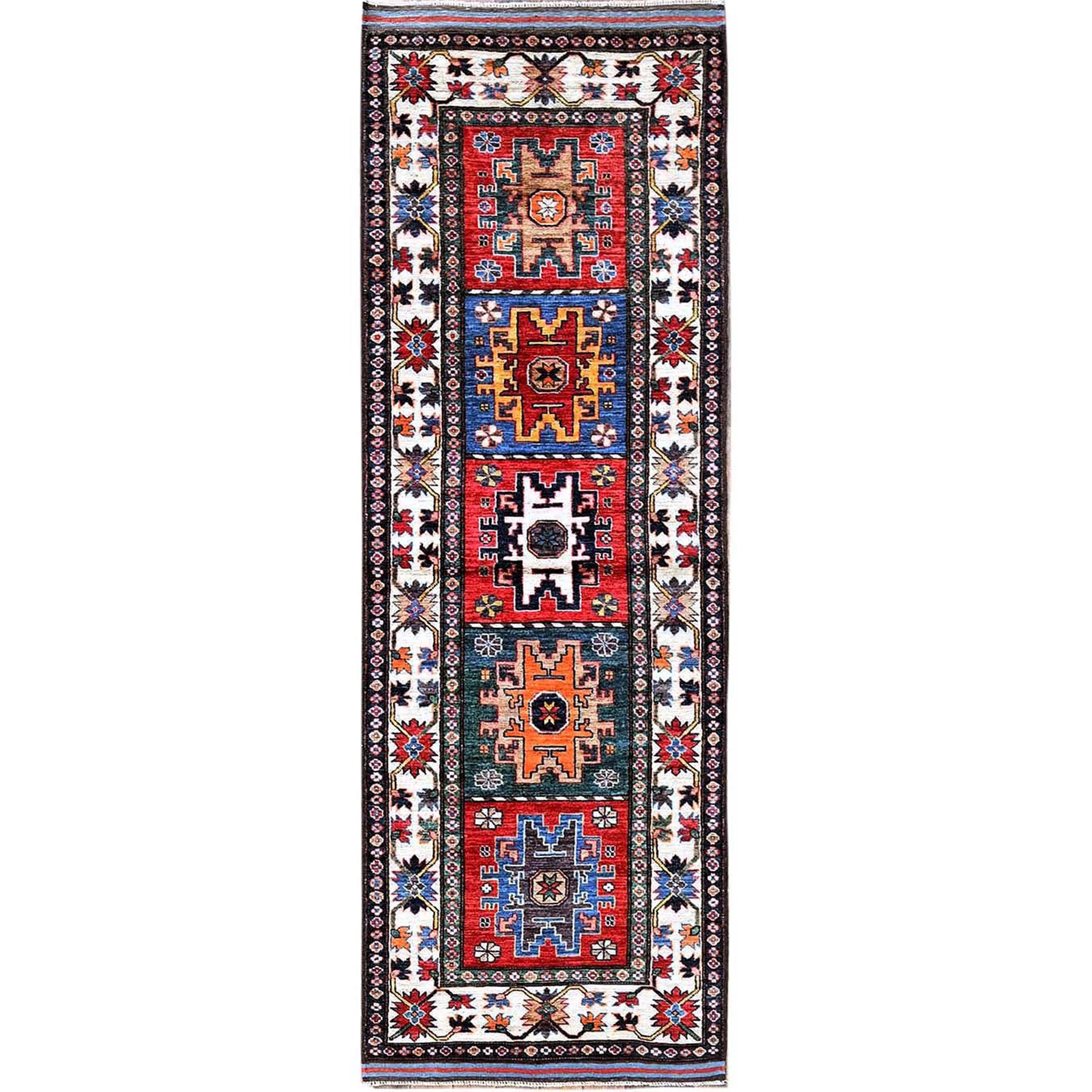 2'8"x7'7" Imperial Red, Colorful Afghan Ersari with Turkish Knot, Caucasian Design Revival, Vegetable Dyes, Densely Woven, Hand Knotted, Soft Wool, Runner, Oriental Rug HR617