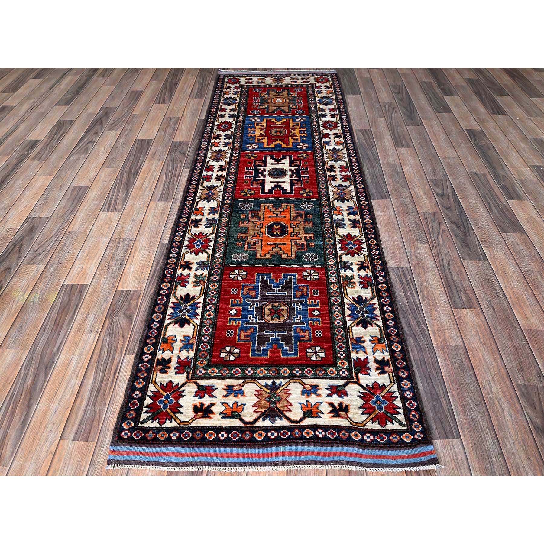 2'8"x7'7" Imperial Red, Colorful Afghan Ersari with Turkish Knot, Caucasian Design Revival, Vegetable Dyes, Densely Woven, Hand Knotted, Soft Wool, Runner, Oriental Rug HR617 - Image 2