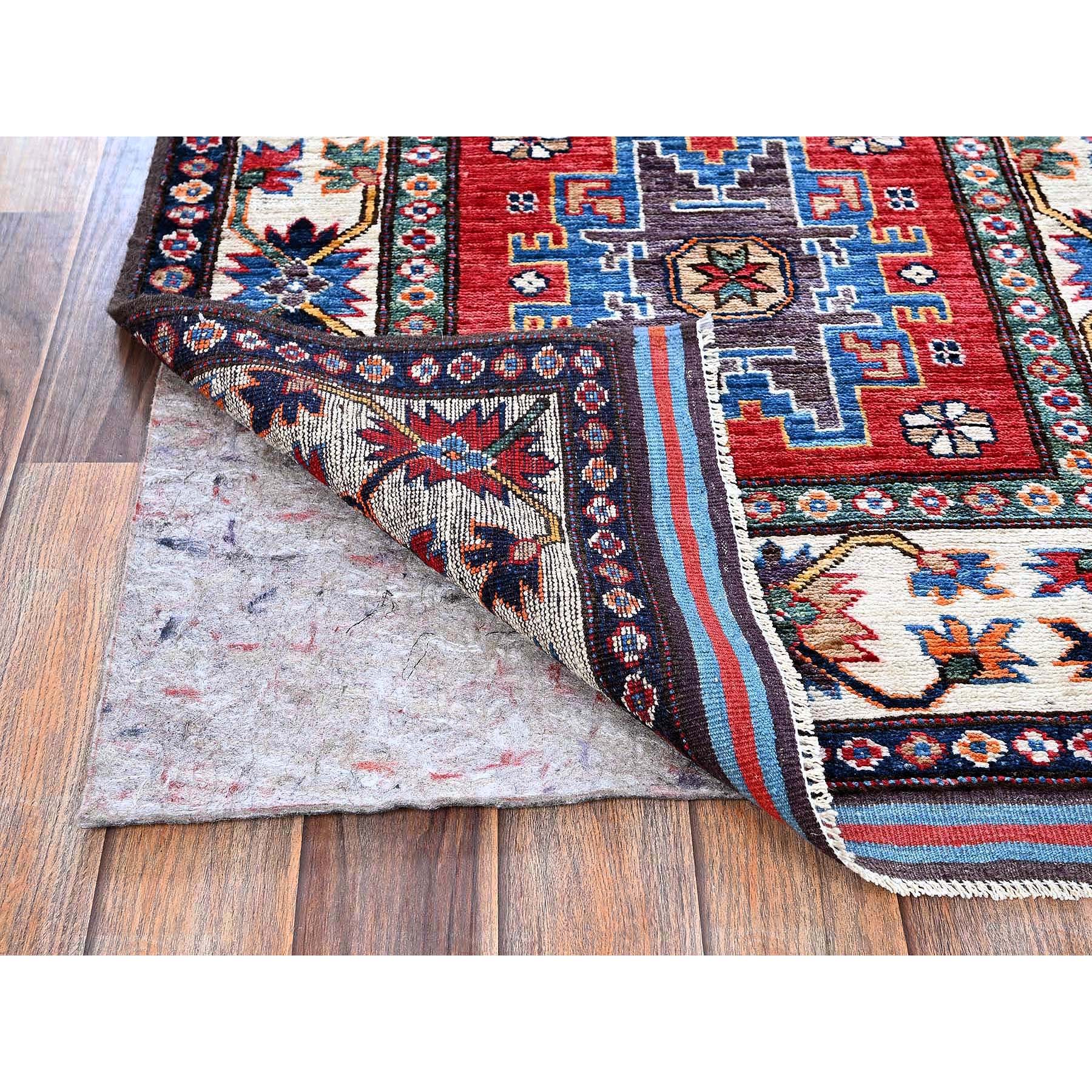 2'8"x7'7" Imperial Red, Colorful Afghan Ersari with Turkish Knot, Caucasian Design Revival, Vegetable Dyes, Densely Woven, Hand Knotted, Soft Wool, Runner, Oriental Rug HR617 - Image 3