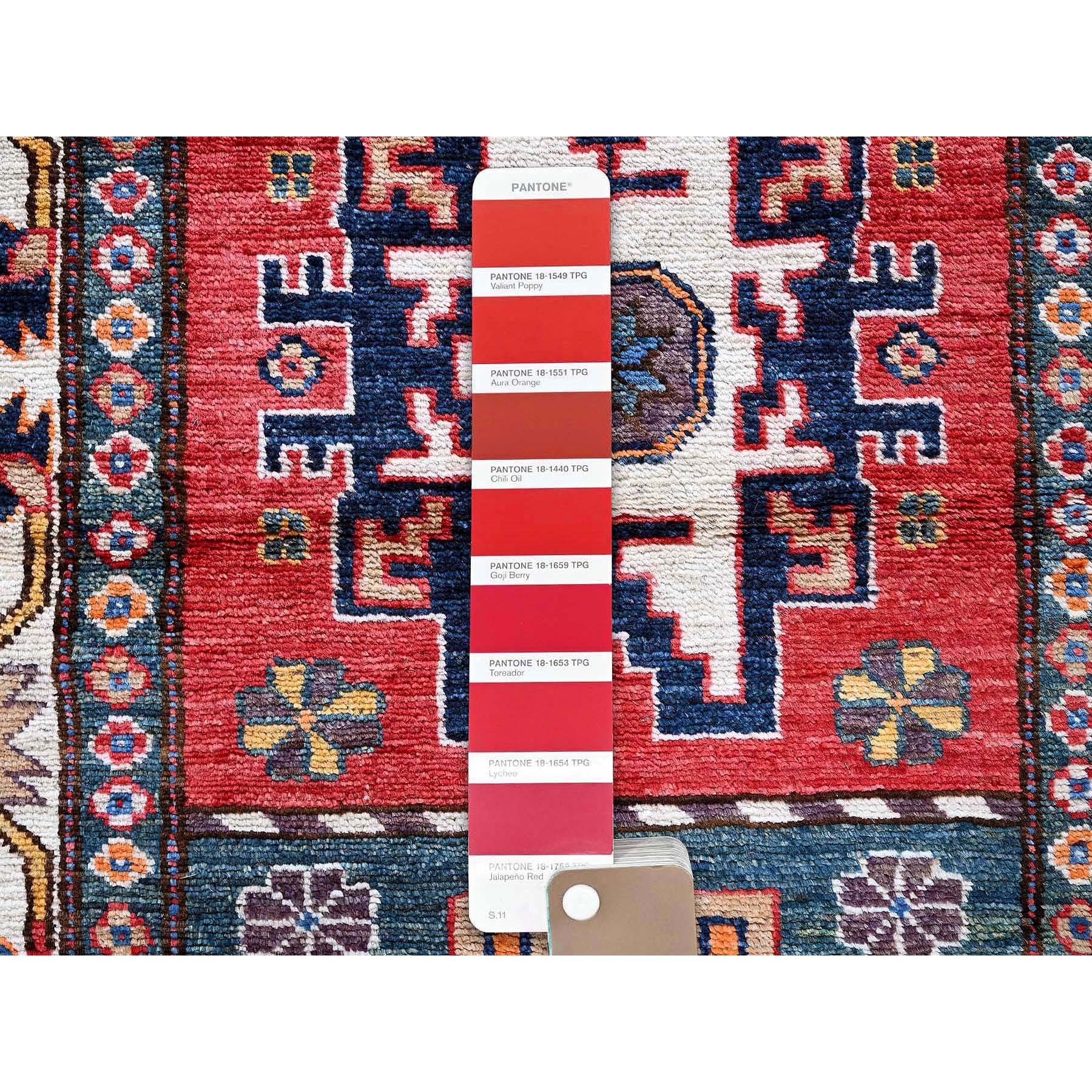 2'8"x7'7" Imperial Red, Colorful Afghan Ersari with Turkish Knot, Caucasian Design Revival, Vegetable Dyes, Densely Woven, Hand Knotted, Soft Wool, Runner, Oriental Rug HR617 - Image 4