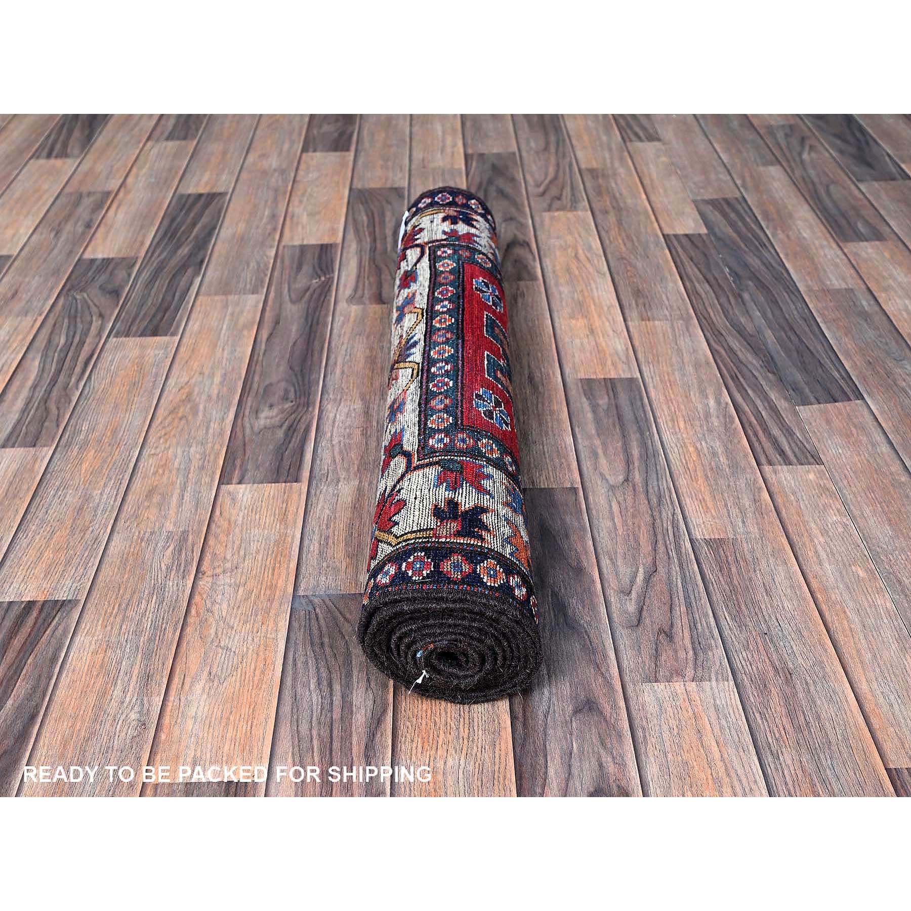 2'8"x7'7" Imperial Red, Colorful Afghan Ersari with Turkish Knot, Caucasian Design Revival, Vegetable Dyes, Densely Woven, Hand Knotted, Soft Wool, Runner, Oriental Rug HR617 - Image 5