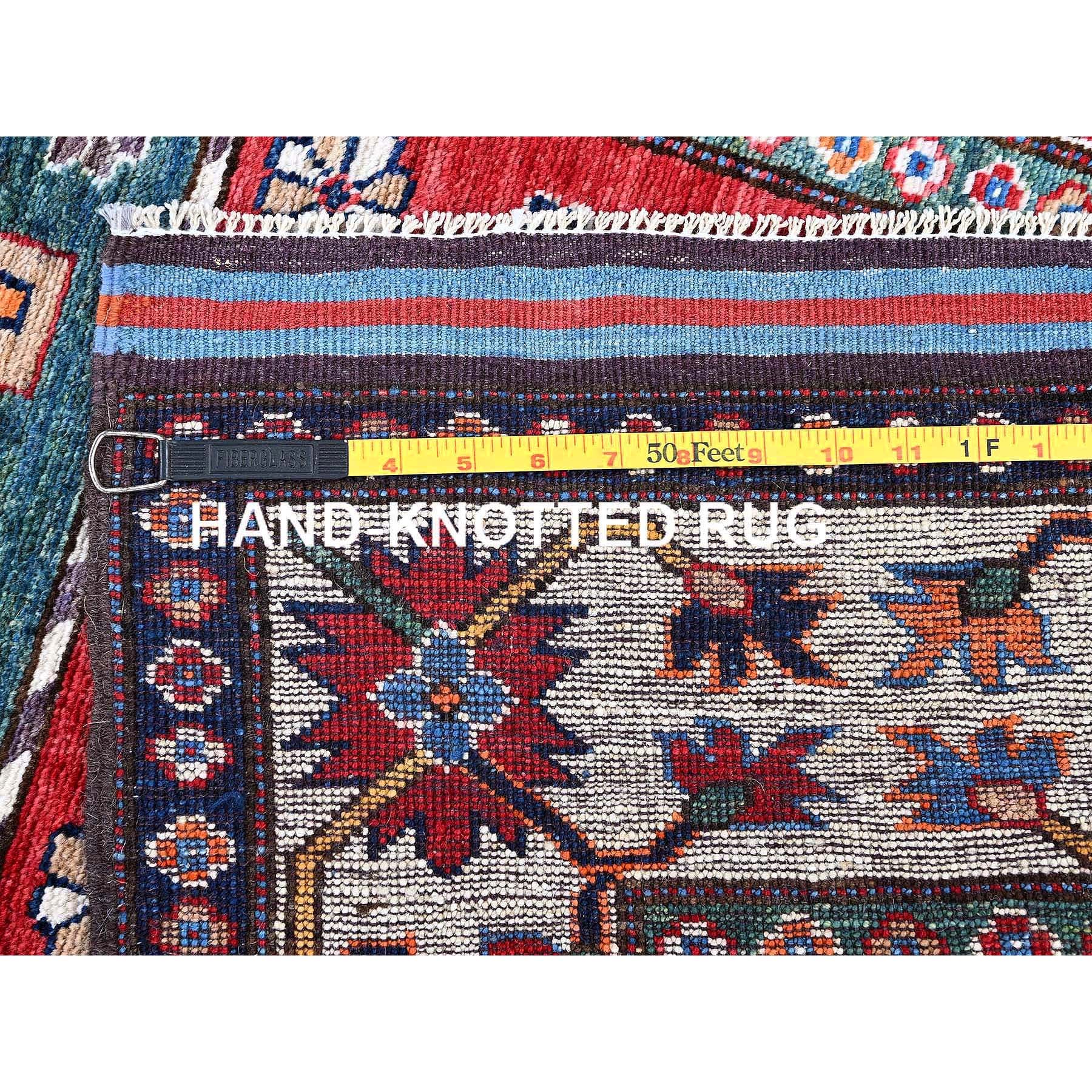 2'8"x7'7" Imperial Red, Colorful Afghan Ersari with Turkish Knot, Caucasian Design Revival, Vegetable Dyes, Densely Woven, Hand Knotted, Soft Wool, Runner, Oriental Rug HR617 - Image 7
