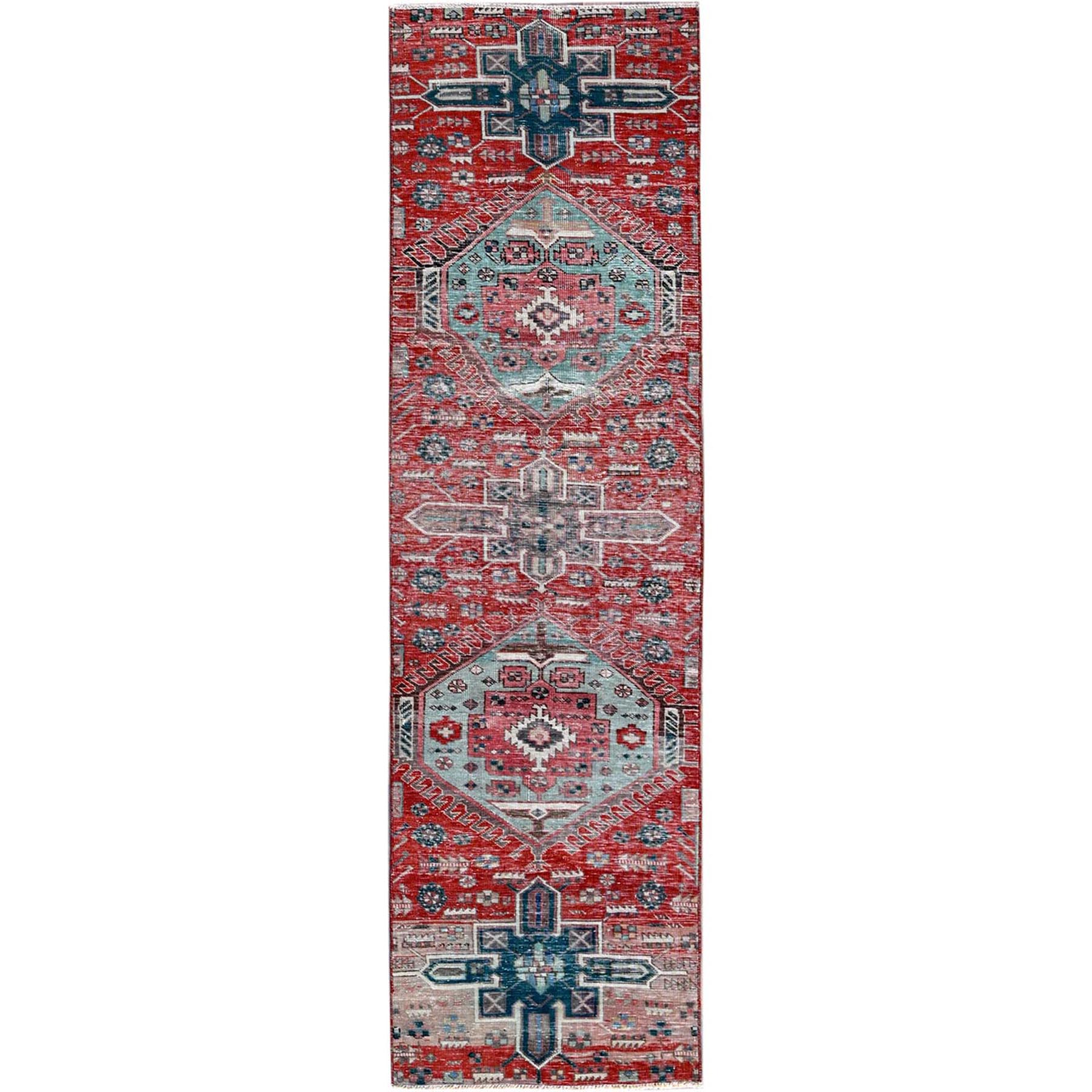 2'7"x9'3" Ajax Red, Vintage Northwest Persian with Large Medallions Design, Shaved Down, Zero Pile, Distressed, Abrash, Sides and Ends Professionally Secured, Hand Knotted, Pure Wool, Runner, Oriental Rug HR633