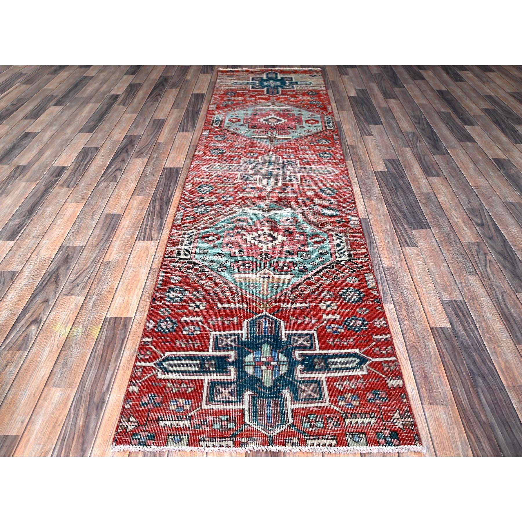 2'7"x9'3" Ajax Red, Vintage Northwest Persian with Large Medallions Design, Shaved Down, Zero Pile, Distressed, Abrash, Sides and Ends Professionally Secured, Hand Knotted, Pure Wool, Runner, Oriental Rug HR633 - Image 2
