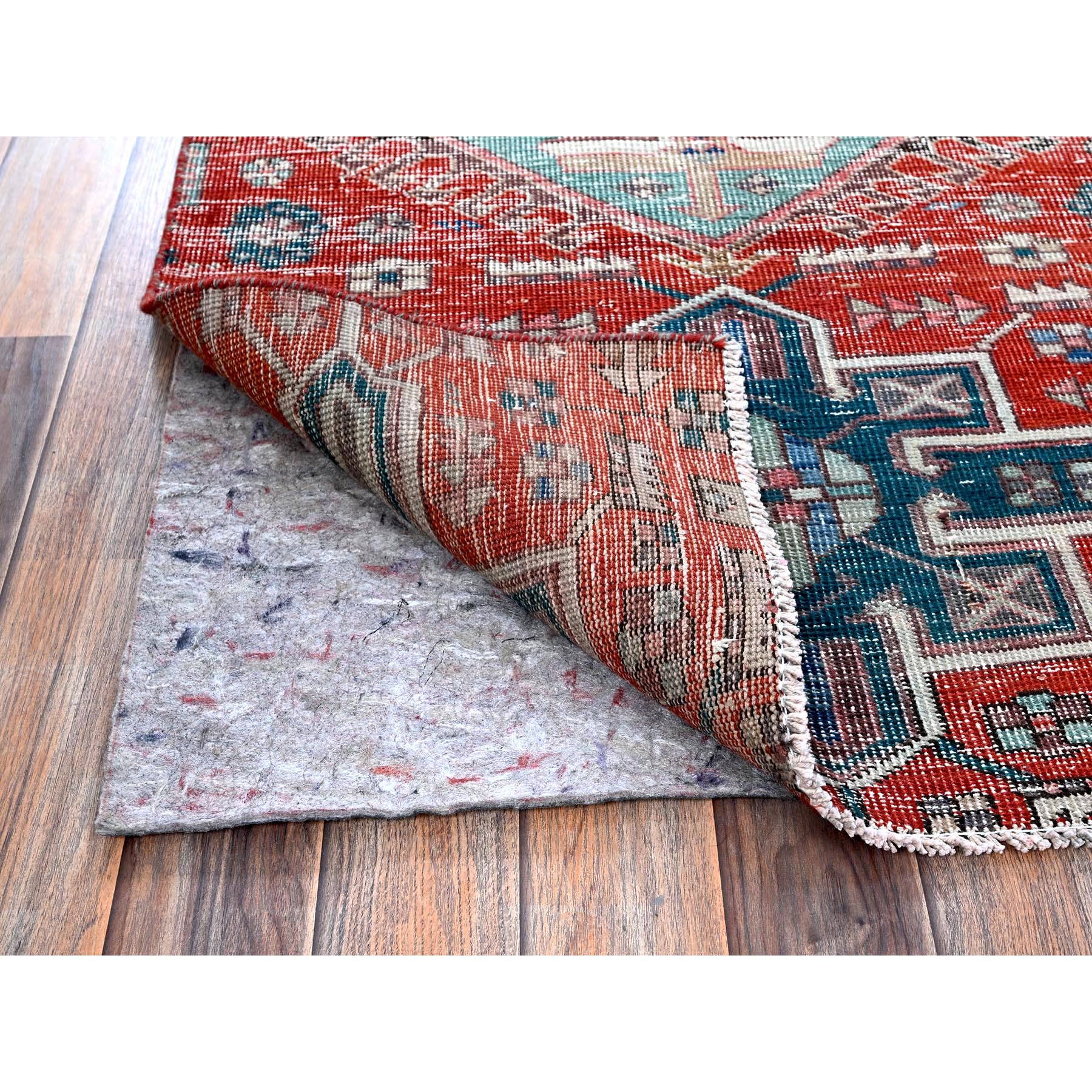 2'7"x9'3" Ajax Red, Vintage Northwest Persian with Large Medallions Design, Shaved Down, Zero Pile, Distressed, Abrash, Sides and Ends Professionally Secured, Hand Knotted, Pure Wool, Runner, Oriental Rug HR633 - Image 3