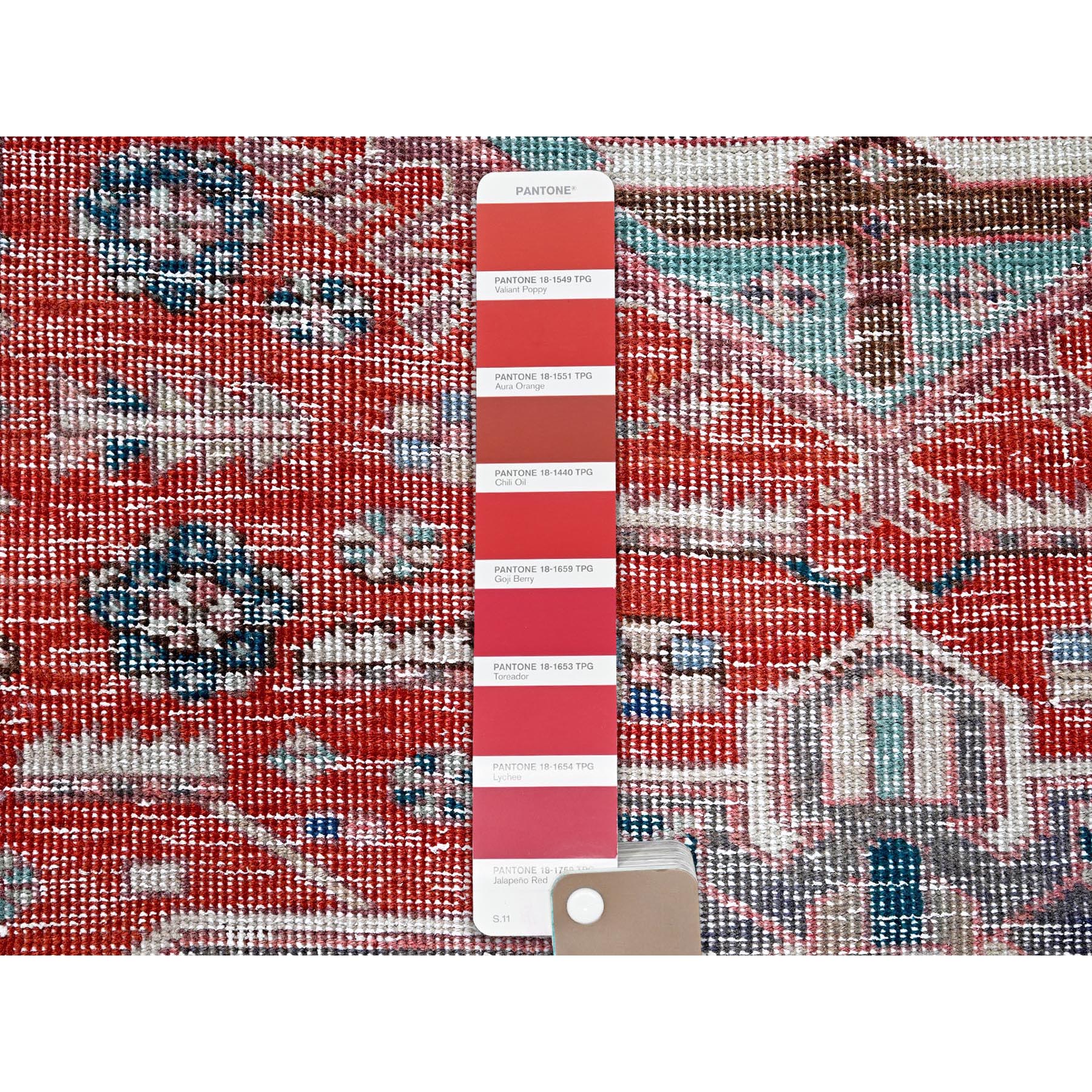 2'7"x9'3" Ajax Red, Vintage Northwest Persian with Large Medallions Design, Shaved Down, Zero Pile, Distressed, Abrash, Sides and Ends Professionally Secured, Hand Knotted, Pure Wool, Runner, Oriental Rug HR633 - Image 4