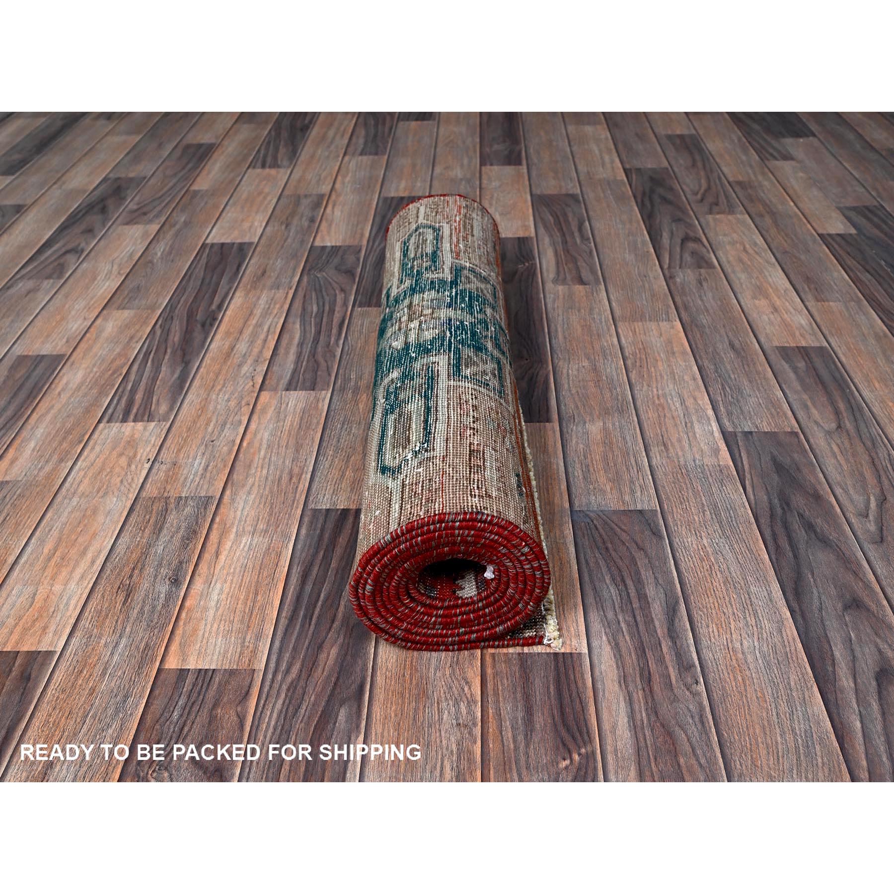 2'7"x9'3" Ajax Red, Vintage Northwest Persian with Large Medallions Design, Shaved Down, Zero Pile, Distressed, Abrash, Sides and Ends Professionally Secured, Hand Knotted, Pure Wool, Runner, Oriental Rug HR633 - Image 5