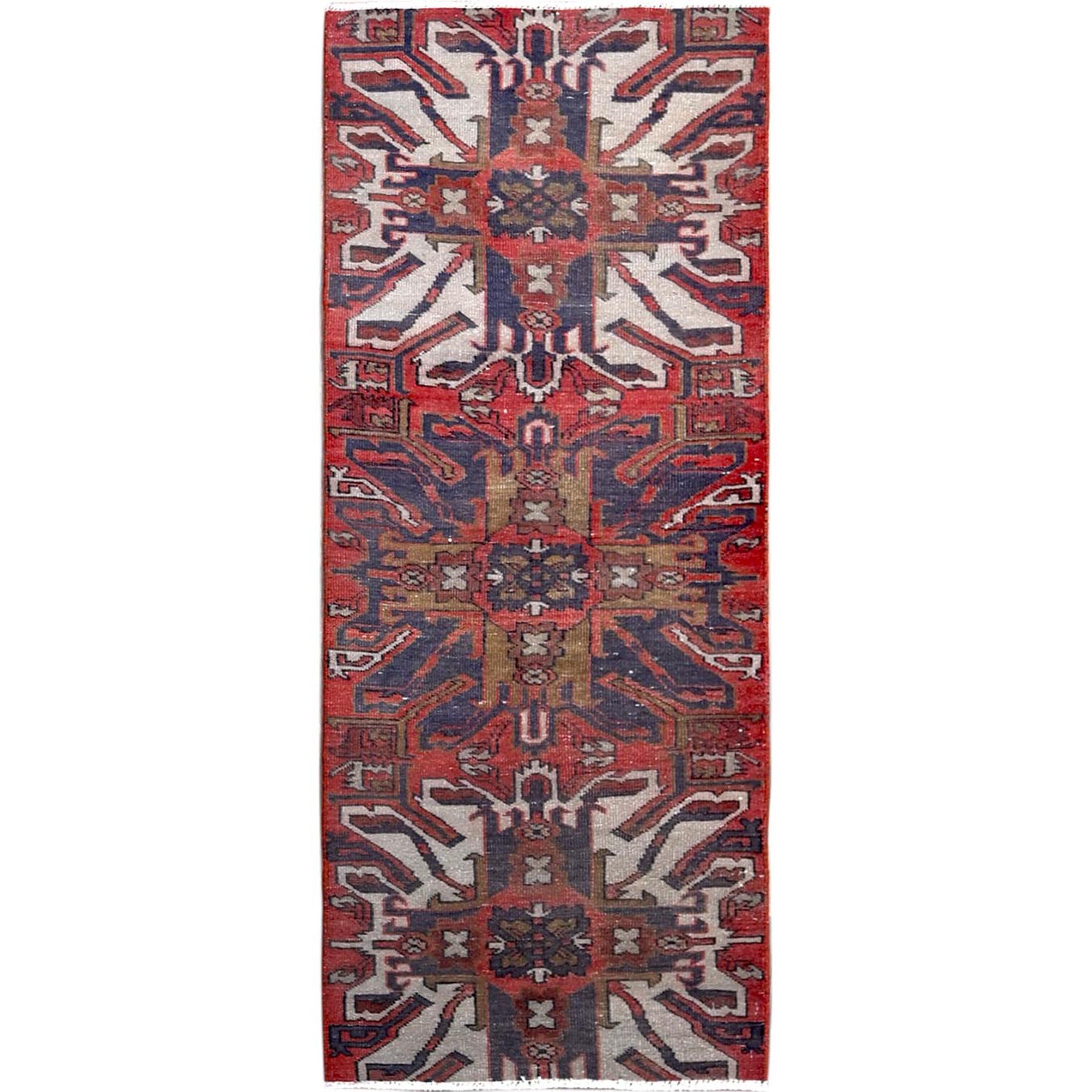 2'1"x5'4" Crimson Red, Vintage Persian Heriz with Eagle Kazak Design, Shaved Down, Zero Pile, Sides and Ends Professionally Secured, Hand Knotted, Pure Wool, Short & Narrow Runner, Oriental Rug HR638