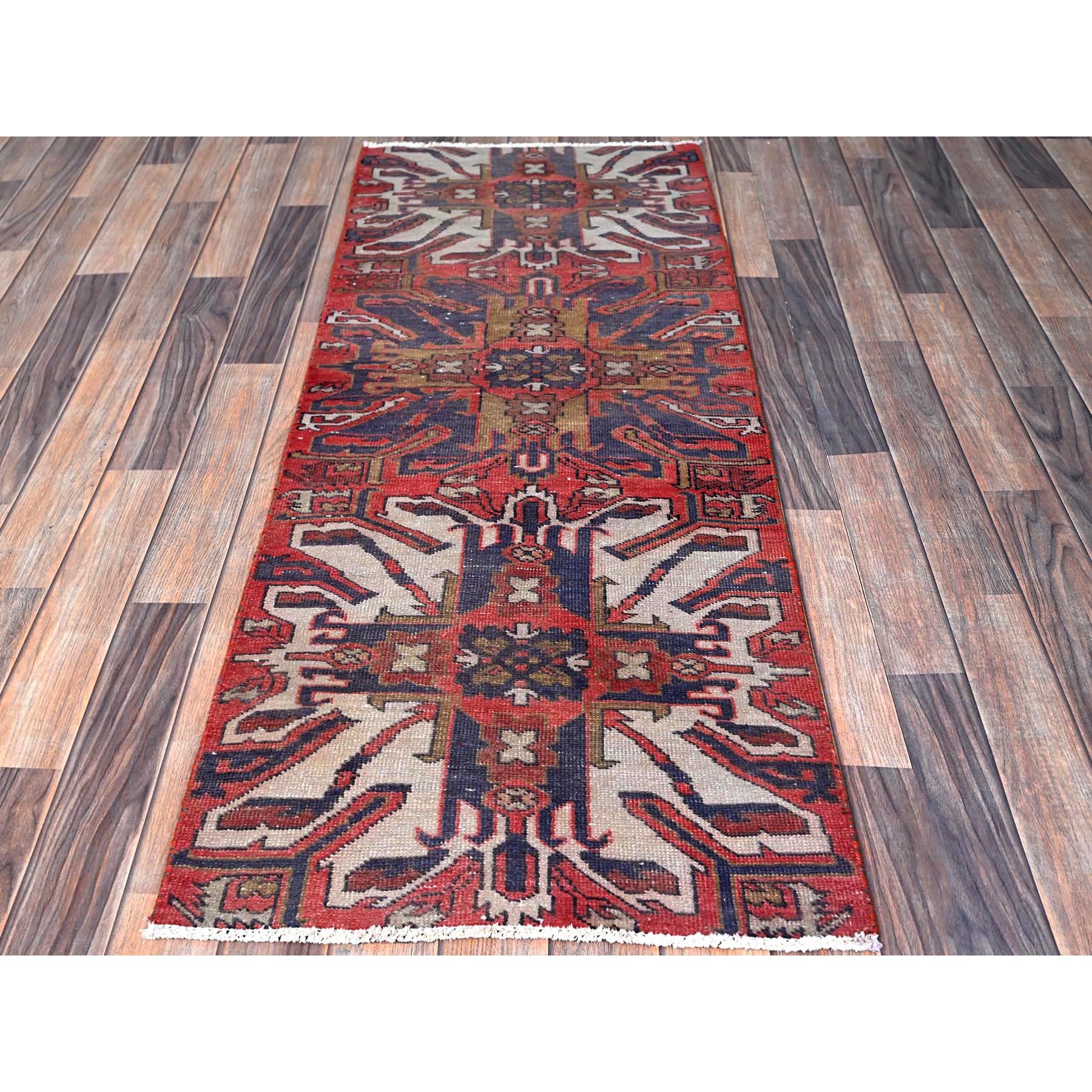 2'1"x5'4" Crimson Red, Vintage Persian Heriz with Eagle Kazak Design, Shaved Down, Zero Pile, Sides and Ends Professionally Secured, Hand Knotted, Pure Wool, Short & Narrow Runner, Oriental Rug HR638 - Image 2