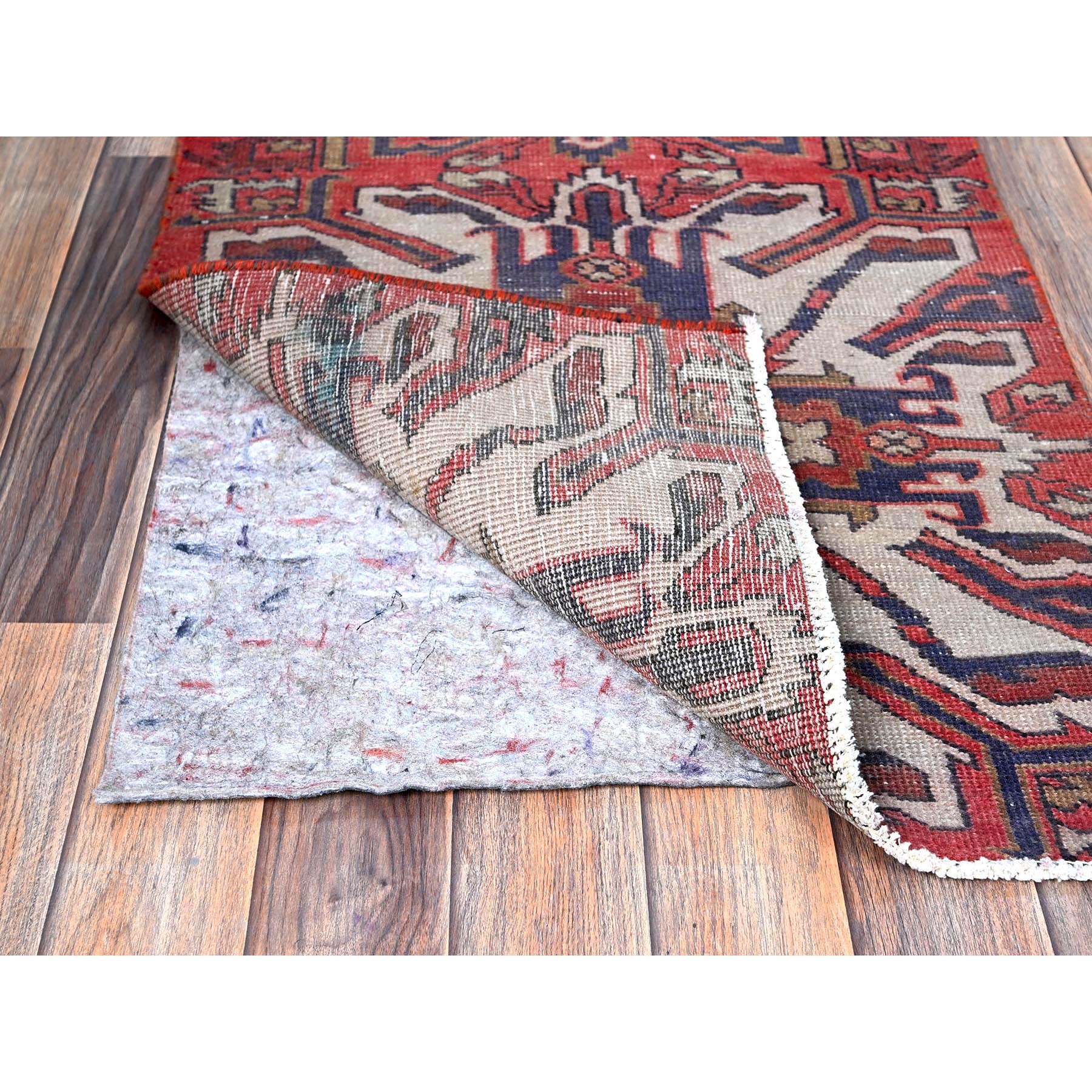 2'1"x5'4" Crimson Red, Vintage Persian Heriz with Eagle Kazak Design, Shaved Down, Zero Pile, Sides and Ends Professionally Secured, Hand Knotted, Pure Wool, Short & Narrow Runner, Oriental Rug HR638 - Image 3