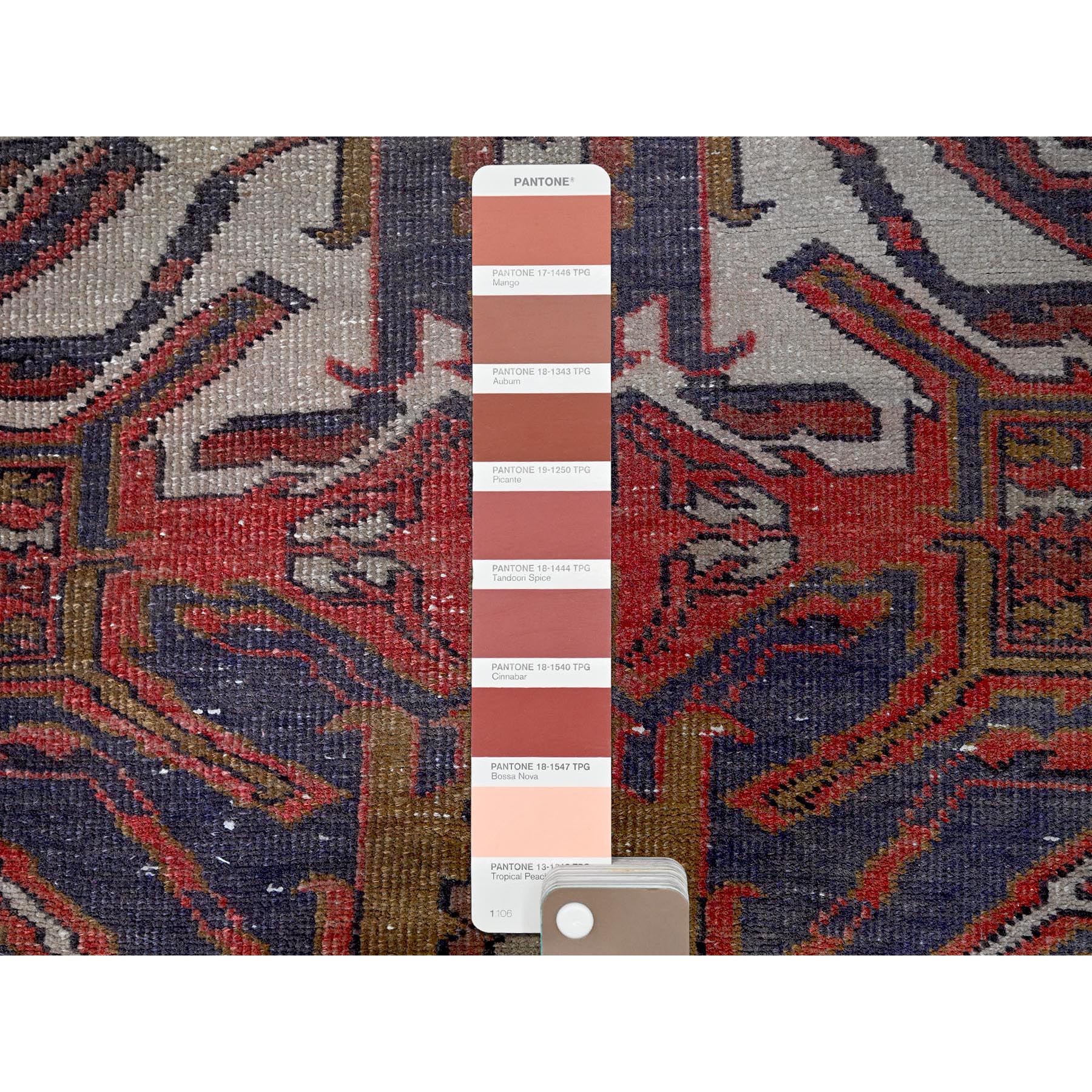2'1"x5'4" Crimson Red, Vintage Persian Heriz with Eagle Kazak Design, Shaved Down, Zero Pile, Sides and Ends Professionally Secured, Hand Knotted, Pure Wool, Short & Narrow Runner, Oriental Rug HR638 - Image 4
