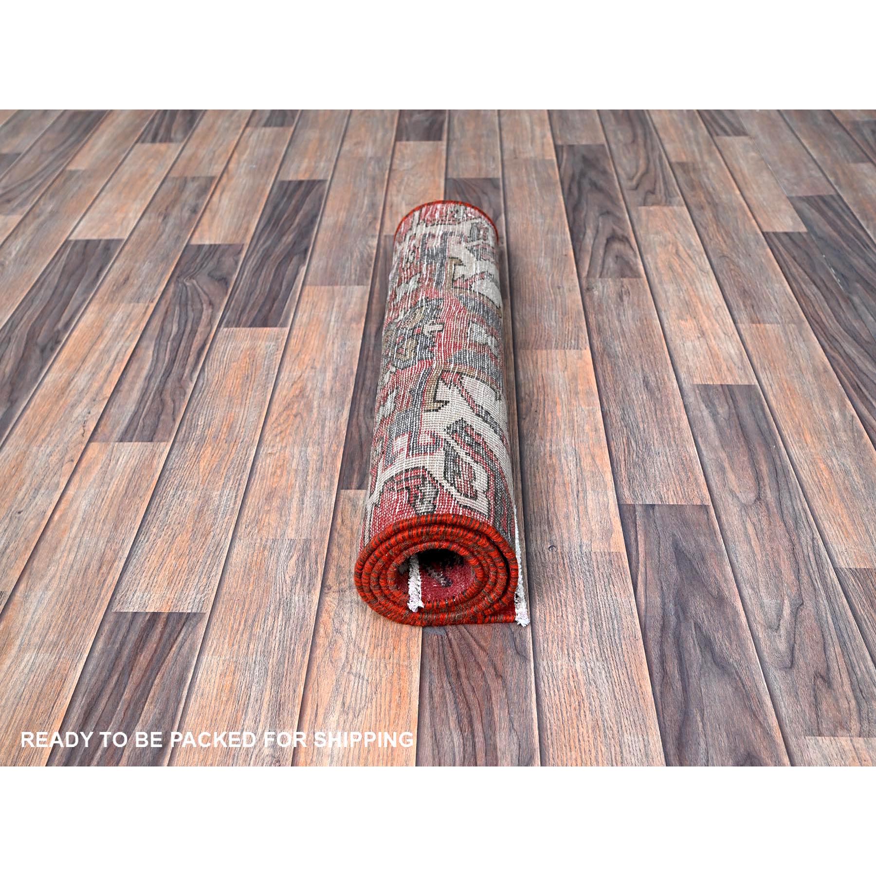 2'1"x5'4" Crimson Red, Vintage Persian Heriz with Eagle Kazak Design, Shaved Down, Zero Pile, Sides and Ends Professionally Secured, Hand Knotted, Pure Wool, Short & Narrow Runner, Oriental Rug HR638 - Image 5