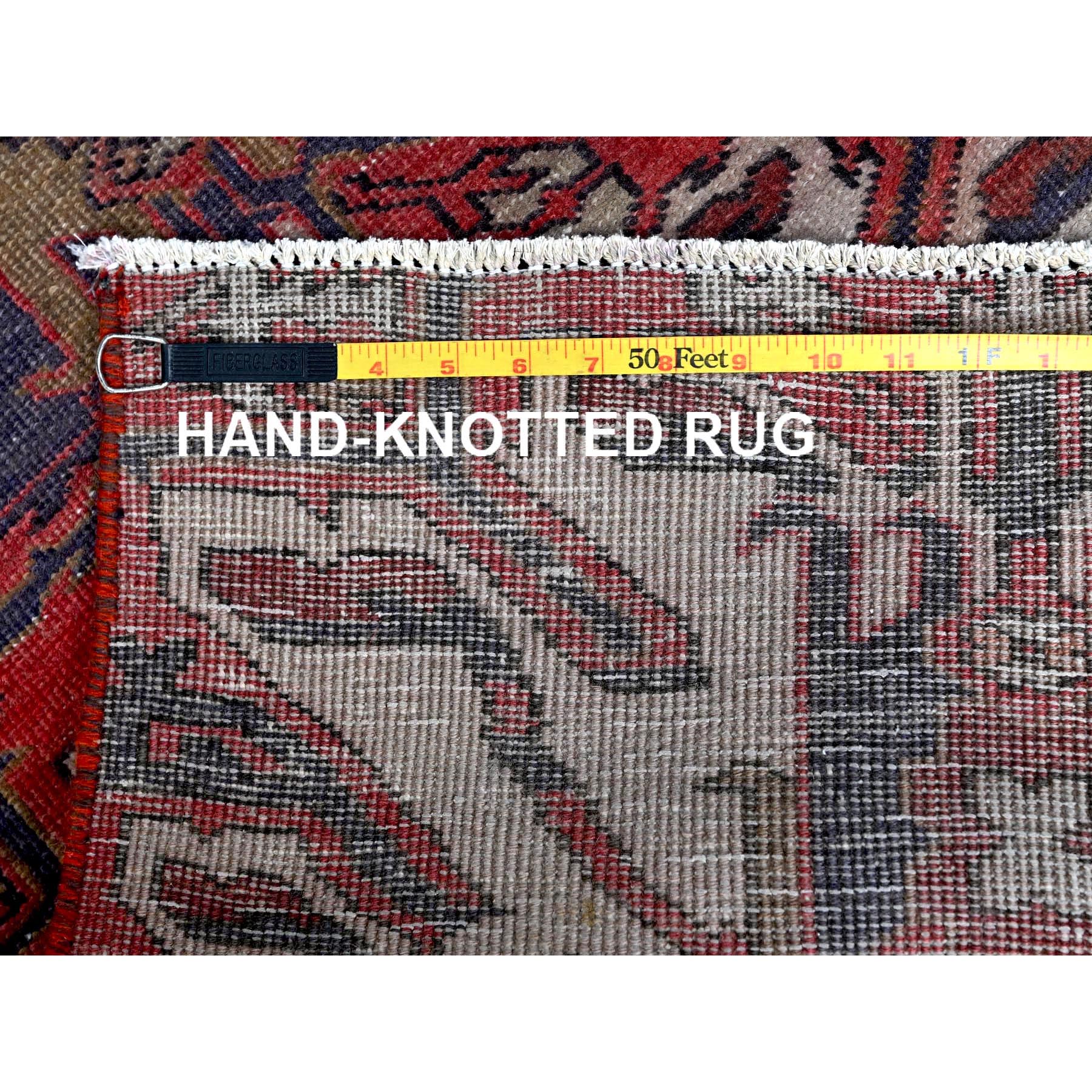 2'1"x5'4" Crimson Red, Vintage Persian Heriz with Eagle Kazak Design, Shaved Down, Zero Pile, Sides and Ends Professionally Secured, Hand Knotted, Pure Wool, Short & Narrow Runner, Oriental Rug HR638 - Image 7