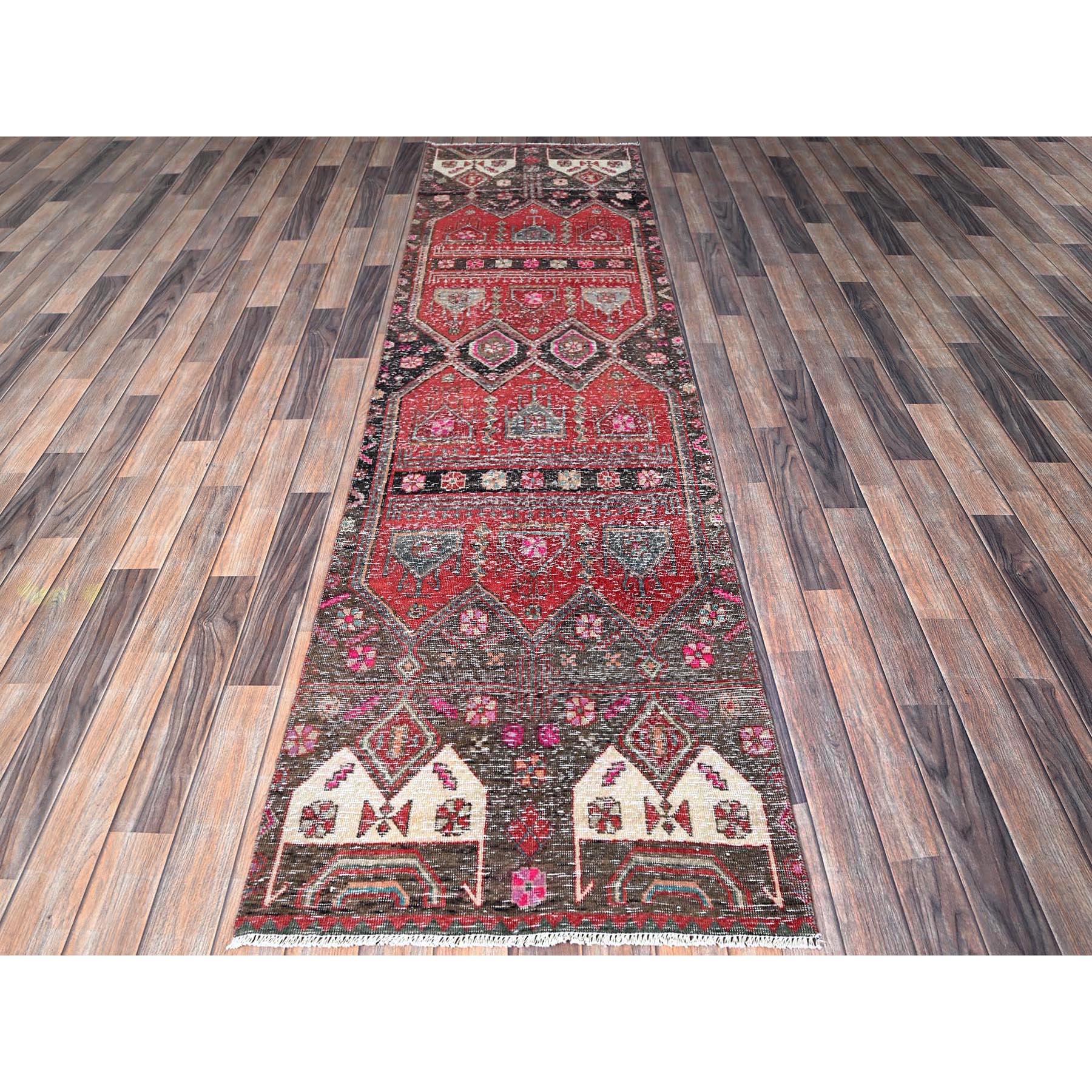 2'7"x9'1" Ruby Red, Overdyed Vintage Northwest Persian, Distressed, Shaved Down, Zero Pile, Sides and Ends Professionally Secured, Hand Knotted, Pure Wool, Runner, Oriental Rug HR640 - Image 2
