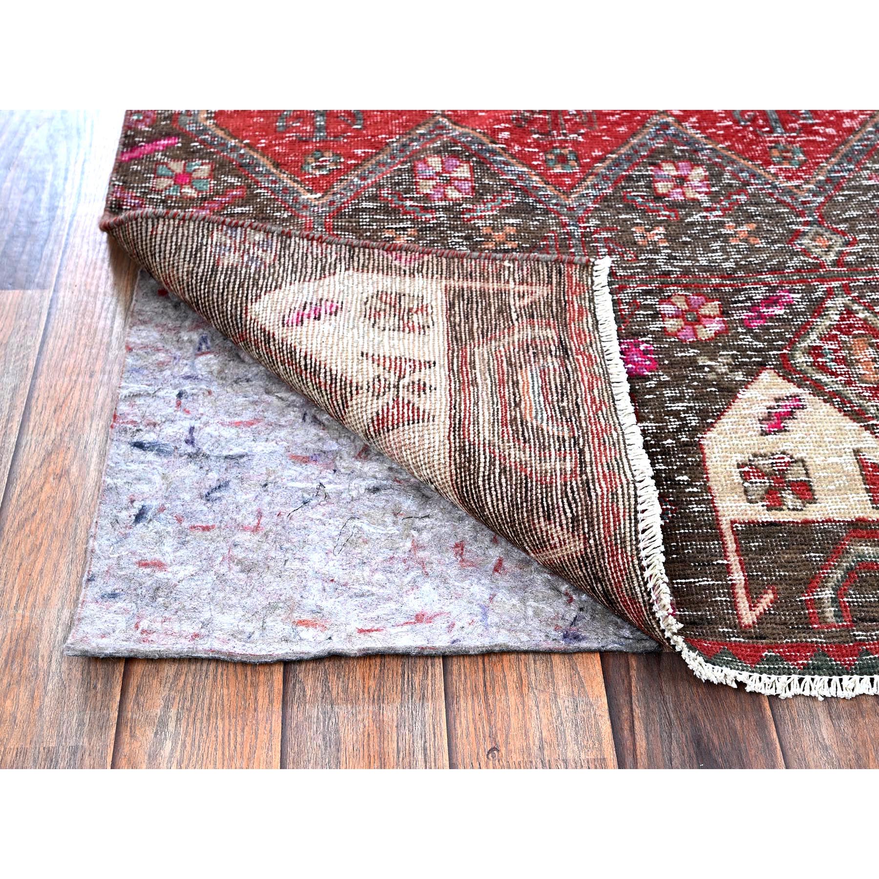 2'7"x9'1" Ruby Red, Overdyed Vintage Northwest Persian, Distressed, Shaved Down, Zero Pile, Sides and Ends Professionally Secured, Hand Knotted, Pure Wool, Runner, Oriental Rug HR640 - Image 3