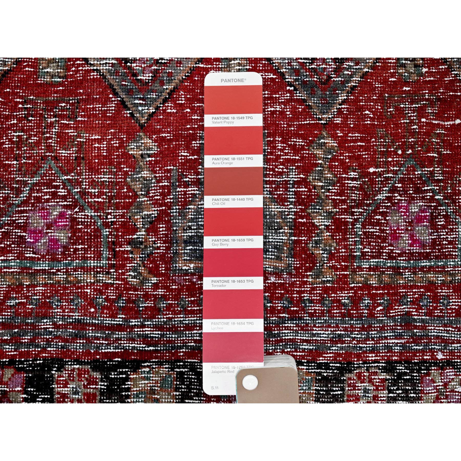 2'7"x9'1" Ruby Red, Overdyed Vintage Northwest Persian, Distressed, Shaved Down, Zero Pile, Sides and Ends Professionally Secured, Hand Knotted, Pure Wool, Runner, Oriental Rug HR640 - Image 4