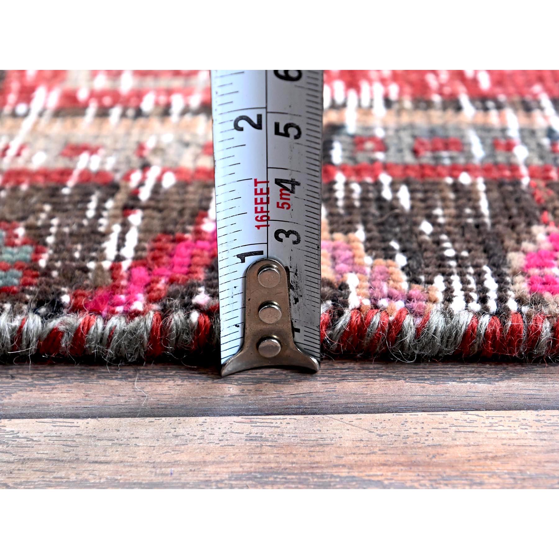 2'7"x9'1" Ruby Red, Overdyed Vintage Northwest Persian, Distressed, Shaved Down, Zero Pile, Sides and Ends Professionally Secured, Hand Knotted, Pure Wool, Runner, Oriental Rug HR640 - Image 6