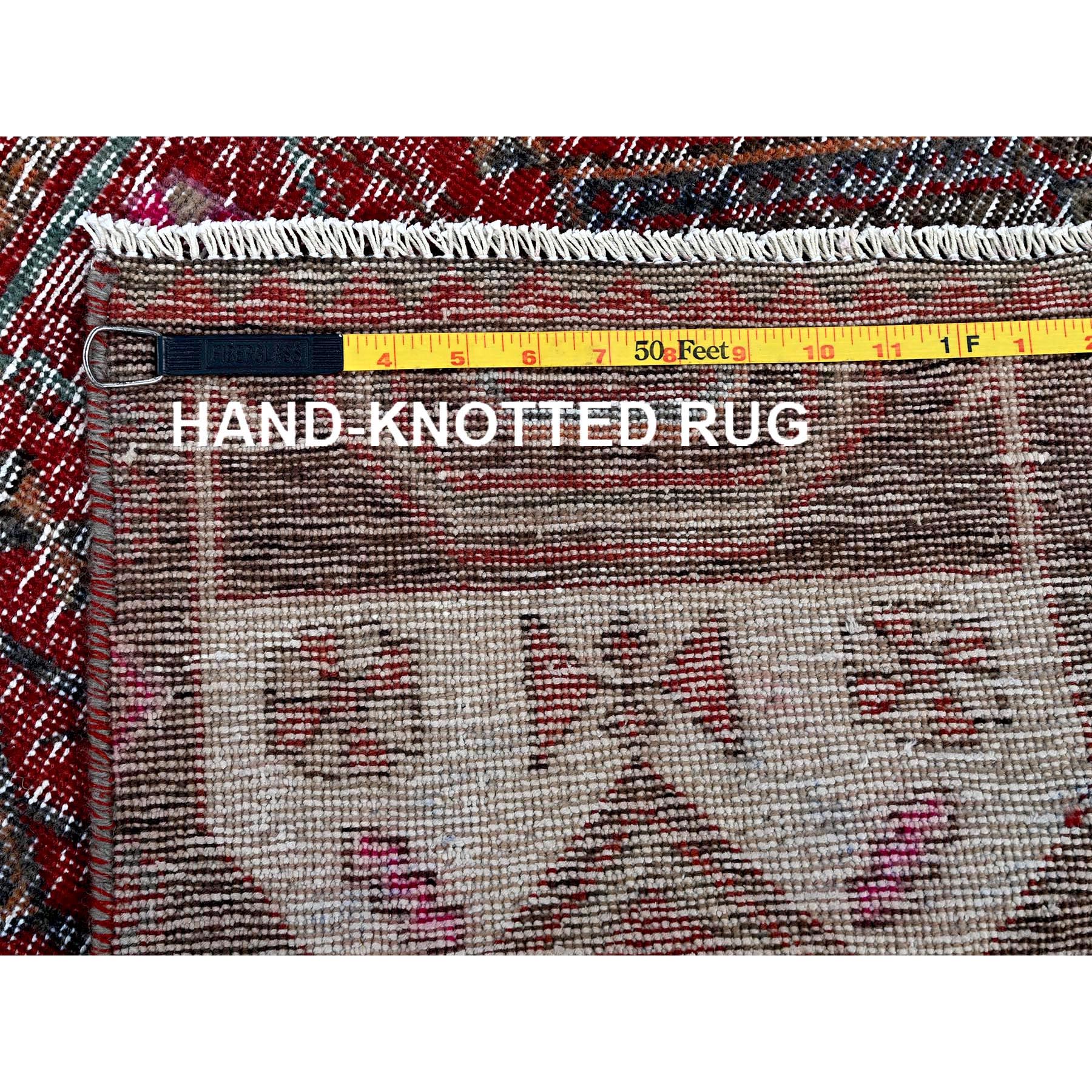 2'7"x9'1" Ruby Red, Overdyed Vintage Northwest Persian, Distressed, Shaved Down, Zero Pile, Sides and Ends Professionally Secured, Hand Knotted, Pure Wool, Runner, Oriental Rug HR640 - Image 7