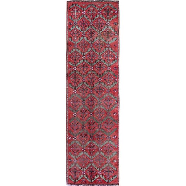 2'8"x9'10" Salsa Red, Vintage Northwest Persian with Serrated Leaf Design, Shaved Low, Zero Pile, Sides and Ends Professionally Secured, Hand Knotted, 100% Wool, Runner, Oriental Rug HR642