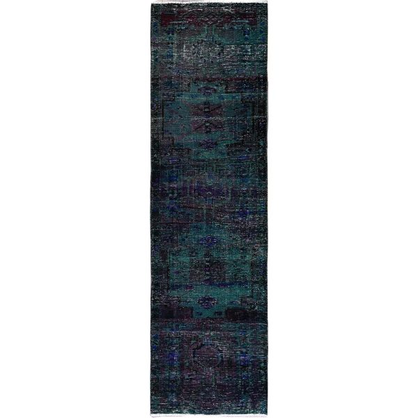 2'8"x9'6" Overdyed Green, Vintage Persian with Geometric Pattern, Worn Down, Distressed, Zero Pile, Sides and Ends Professionally Secured, 100% Wool, Hand Knotted, Narrow Runner, Oriental Rug HR650
