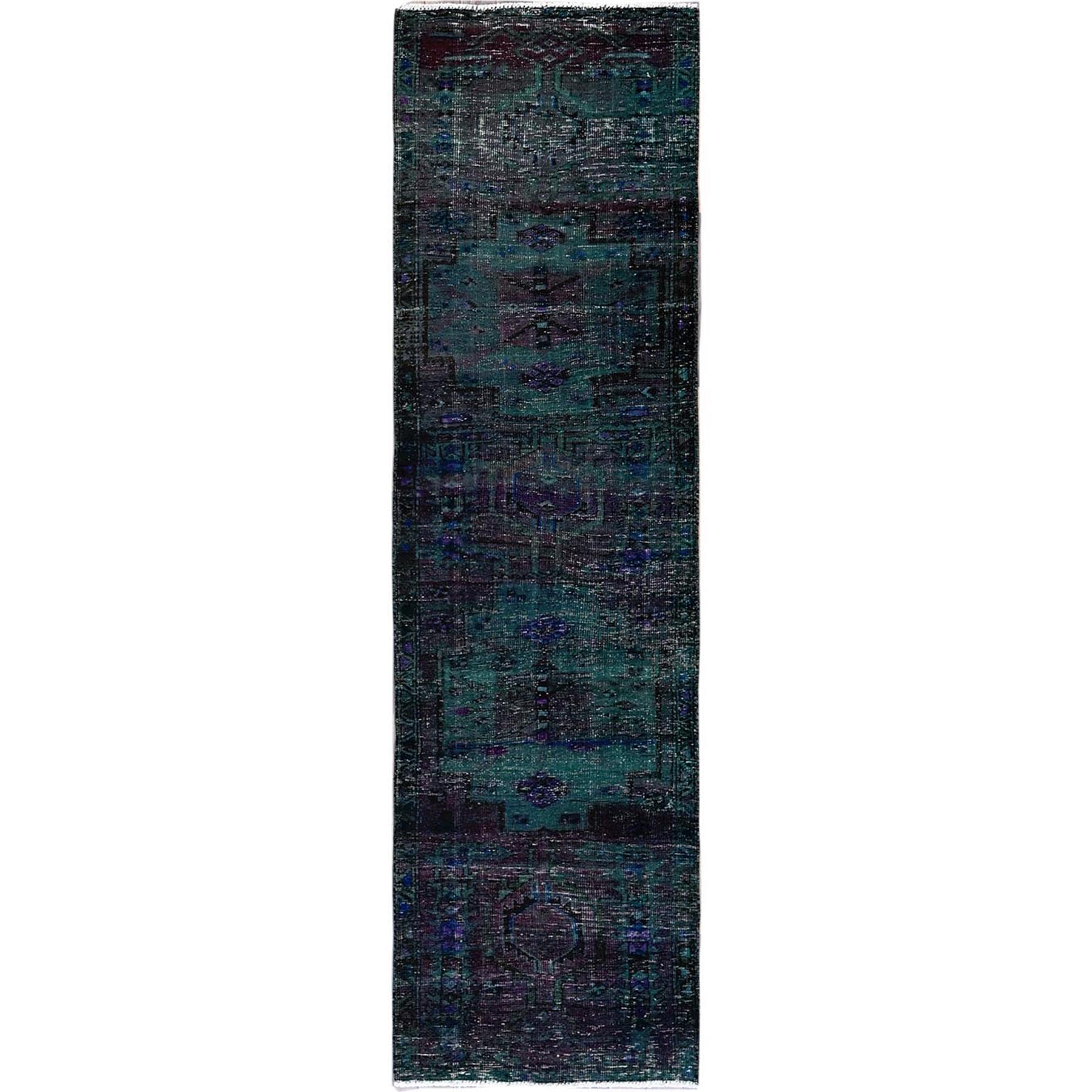 2'8"x9'6" Overdyed Green, Vintage Persian with Geometric Pattern, Worn Down, Distressed, Zero Pile, Sides and Ends Professionally Secured, 100% Wool, Hand Knotted, Narrow Runner, Oriental Rug HR650