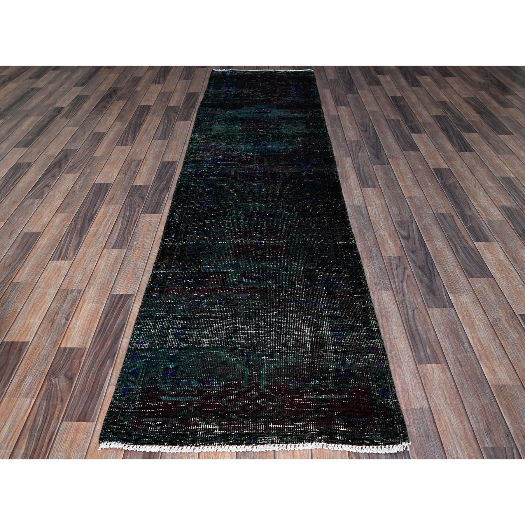 2'8"x9'6" Overdyed Green, Vintage Persian with Geometric Pattern, Worn Down, Distressed, Zero Pile, Sides and Ends Professionally Secured, 100% Wool, Hand Knotted, Narrow Runner, Oriental Rug HR650 - Image 2