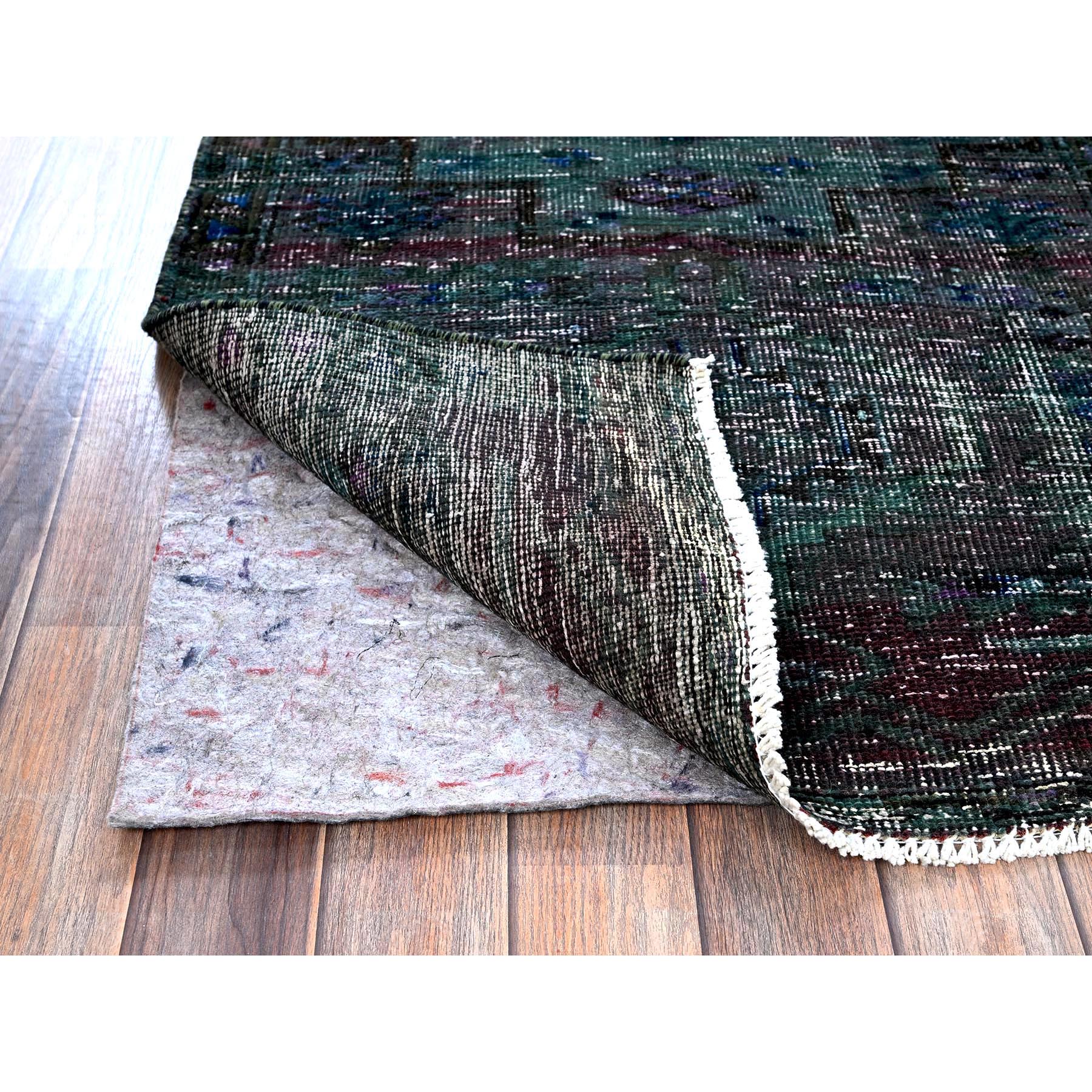 2'8"x9'6" Overdyed Green, Vintage Persian with Geometric Pattern, Worn Down, Distressed, Zero Pile, Sides and Ends Professionally Secured, 100% Wool, Hand Knotted, Narrow Runner, Oriental Rug HR650 - Image 3