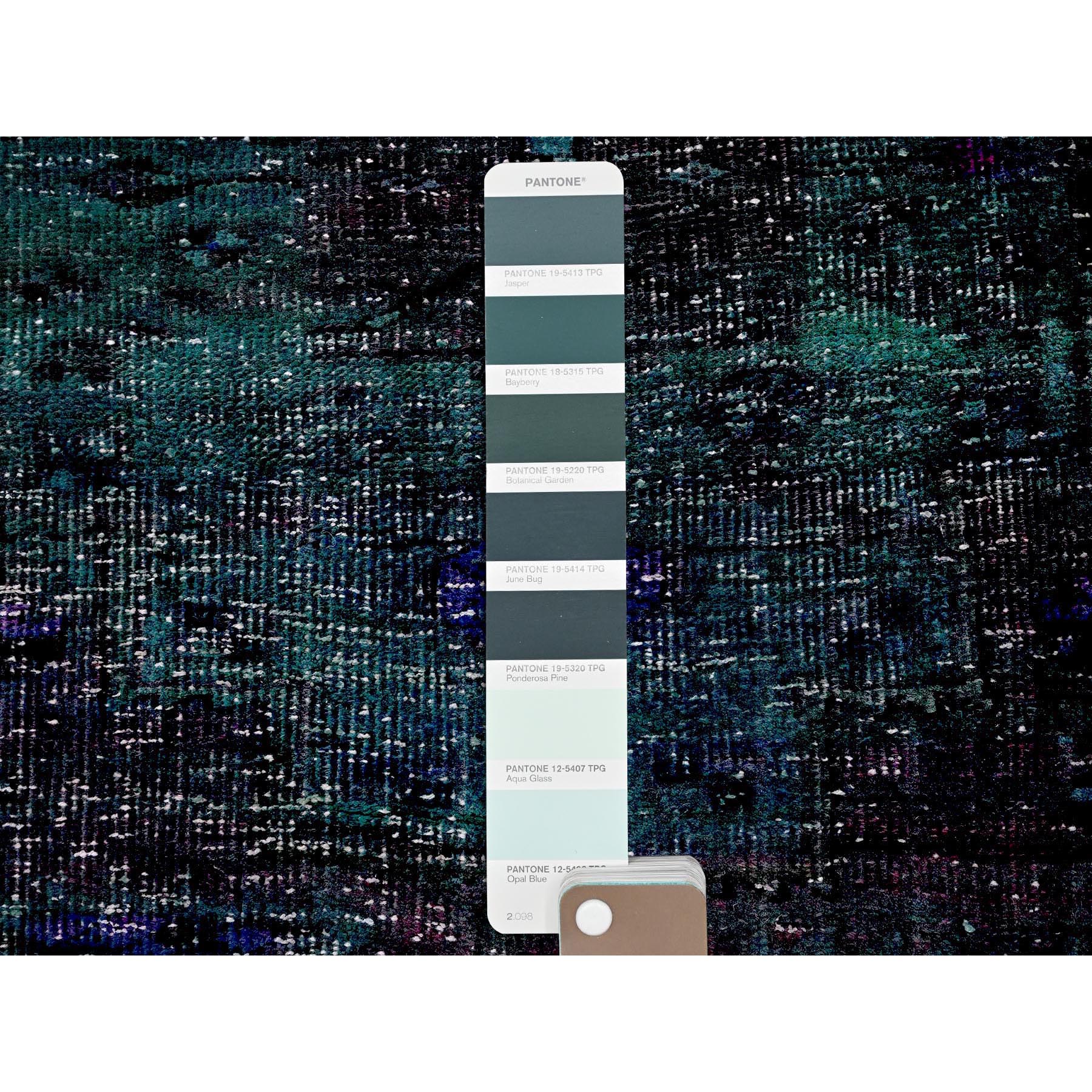 2'8"x9'6" Overdyed Green, Vintage Persian with Geometric Pattern, Worn Down, Distressed, Zero Pile, Sides and Ends Professionally Secured, 100% Wool, Hand Knotted, Narrow Runner, Oriental Rug HR650 - Image 4