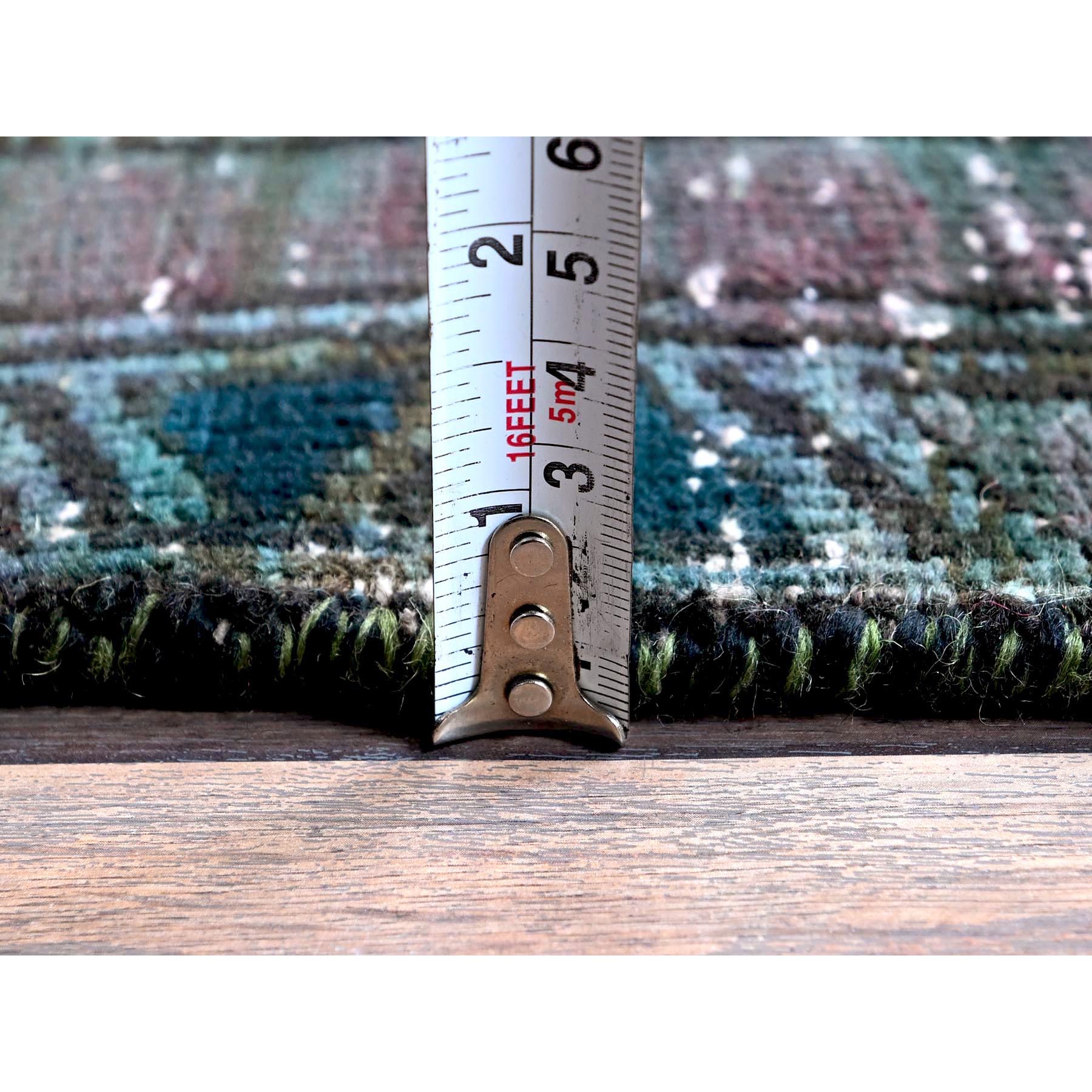 2'8"x9'6" Overdyed Green, Vintage Persian with Geometric Pattern, Worn Down, Distressed, Zero Pile, Sides and Ends Professionally Secured, 100% Wool, Hand Knotted, Narrow Runner, Oriental Rug HR650 - Image 6