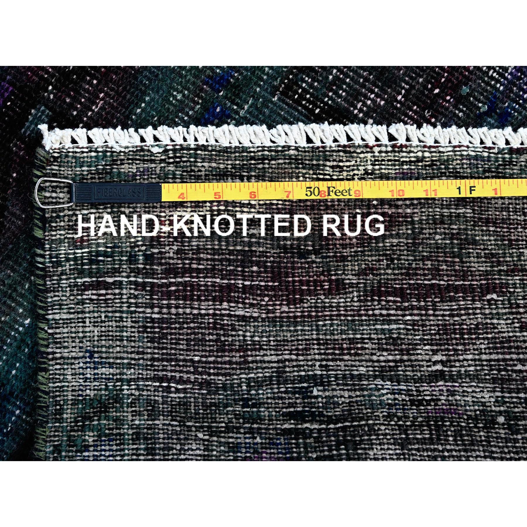 2'8"x9'6" Overdyed Green, Vintage Persian with Geometric Pattern, Worn Down, Distressed, Zero Pile, Sides and Ends Professionally Secured, 100% Wool, Hand Knotted, Narrow Runner, Oriental Rug HR650 - Image 7
