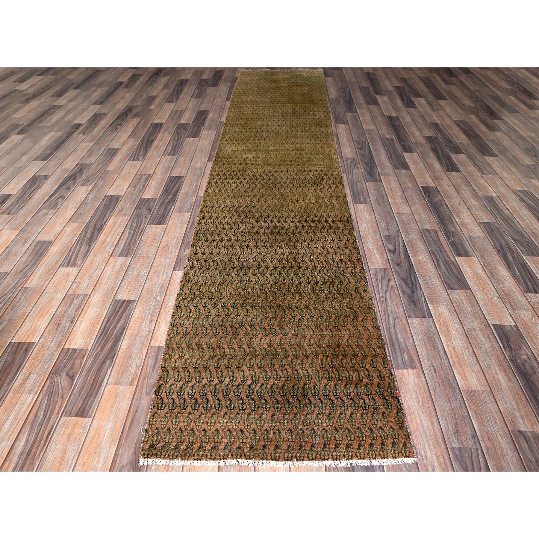 2'6"x11'5" Copper Brown, Vintage Persian Tabriz with Paisley Repetitive Intricate Pattern, Shaved Down, Zero Pile, Sides and Ends Professionally Secured, Fragment, Runner, Oriental Rug HR654 - Image 2