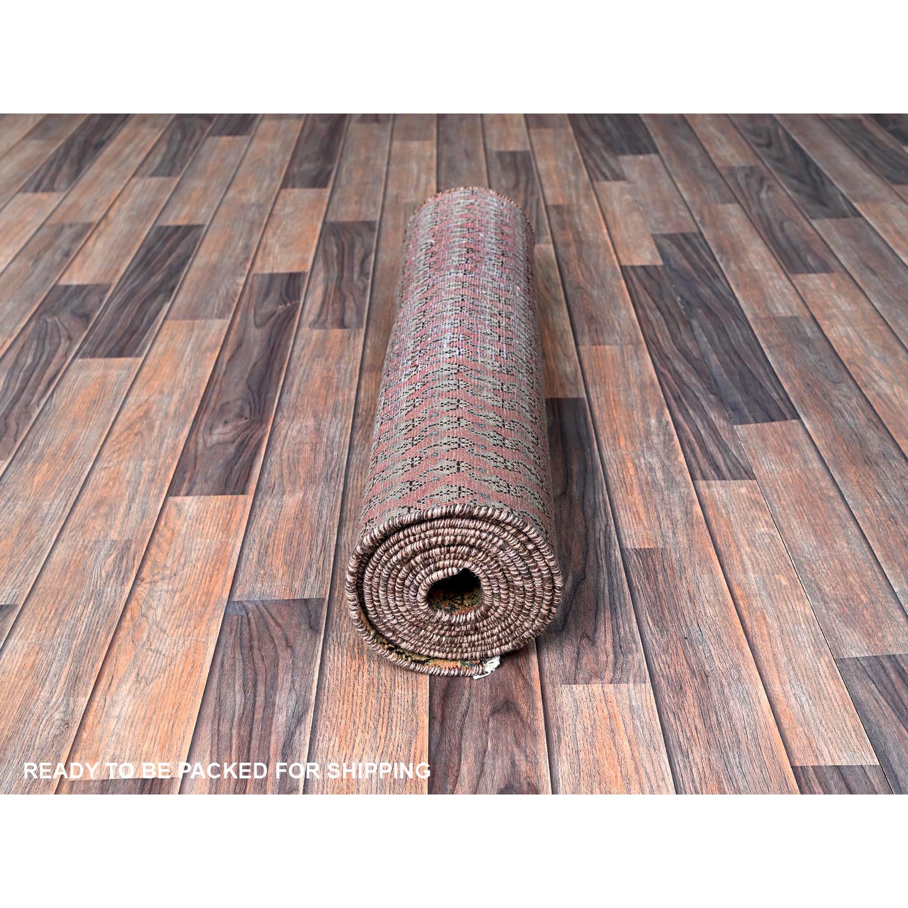2'6"x11'5" Copper Brown, Vintage Persian Tabriz with Paisley Repetitive Intricate Pattern, Shaved Down, Zero Pile, Sides and Ends Professionally Secured, Fragment, Runner, Oriental Rug HR654 - Image 5