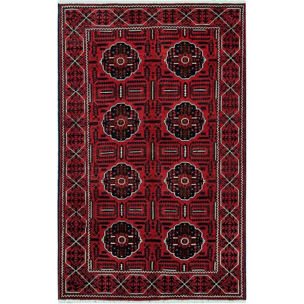 4'x6'4" Crimson Red, Afghan Khamyab with Tribal Medallions Design, Soft and Velvety Wool, Natural Dyes, Hand Knotted, Oriental Rug HR669