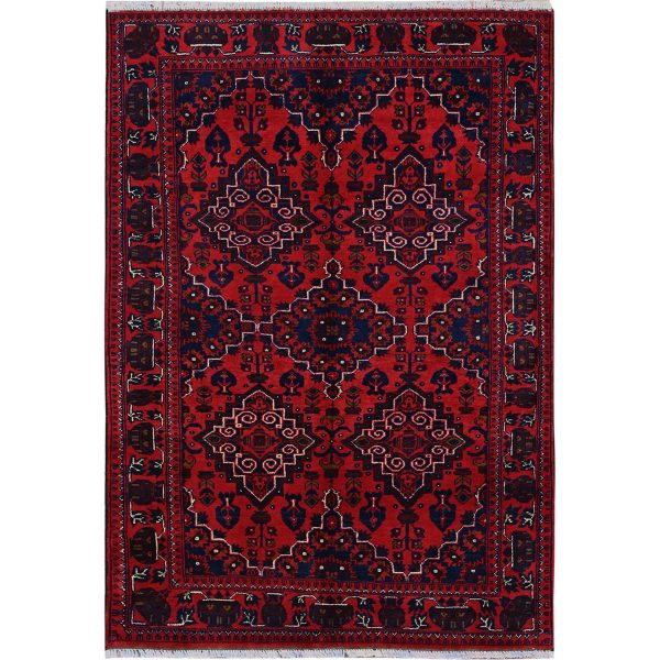 3'10"x5'7" Crimson Red, Afghan Khamyab with Geometric Design, Hand Knotted, Soft and Velvety Wool, Vegetable Dyes, Oriental Rug HR676